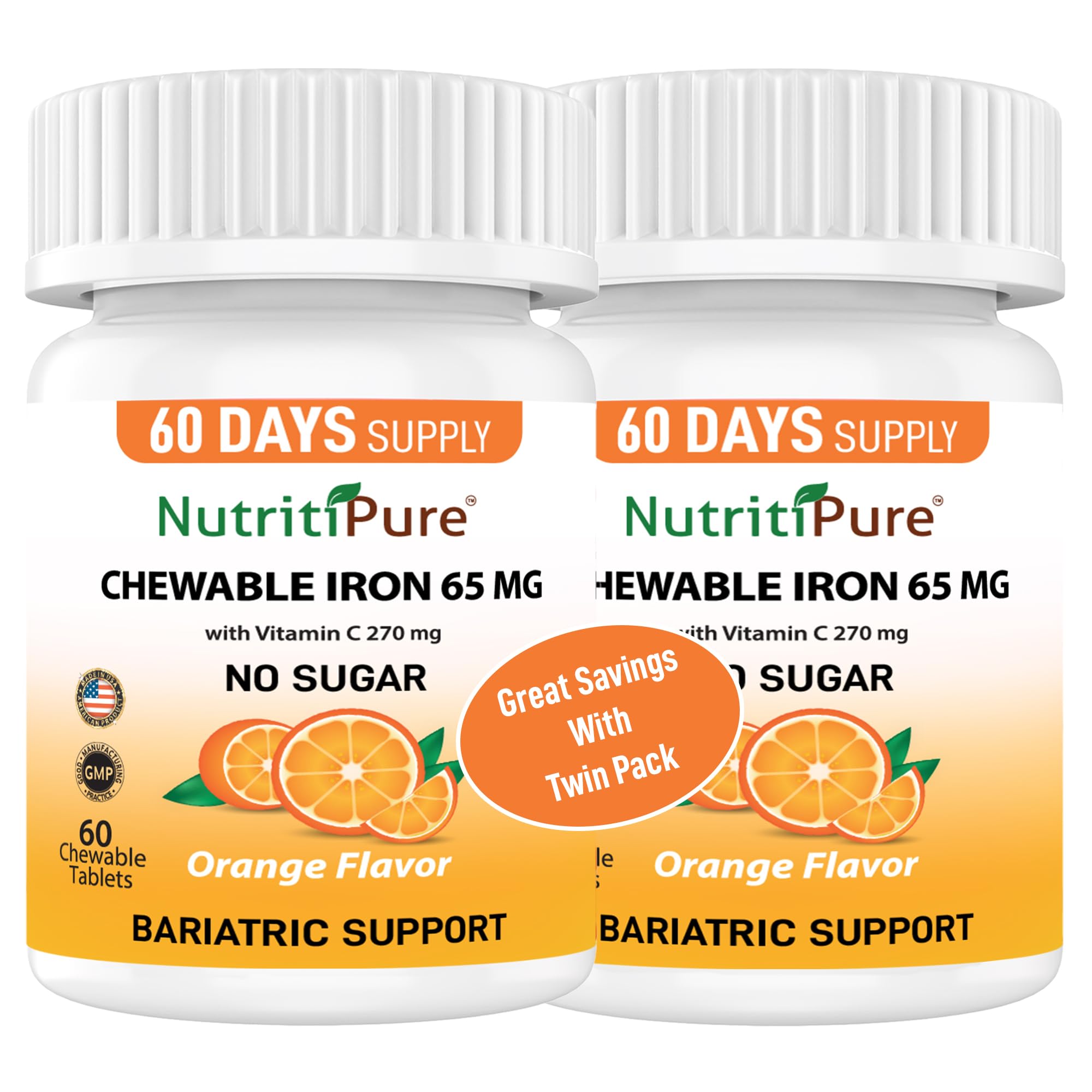 Chewable Iron 65 mg with Vitamin C 270 mg - Tablet in Orange Flavor 60 Count x 2 Bottles (Twin Pack)