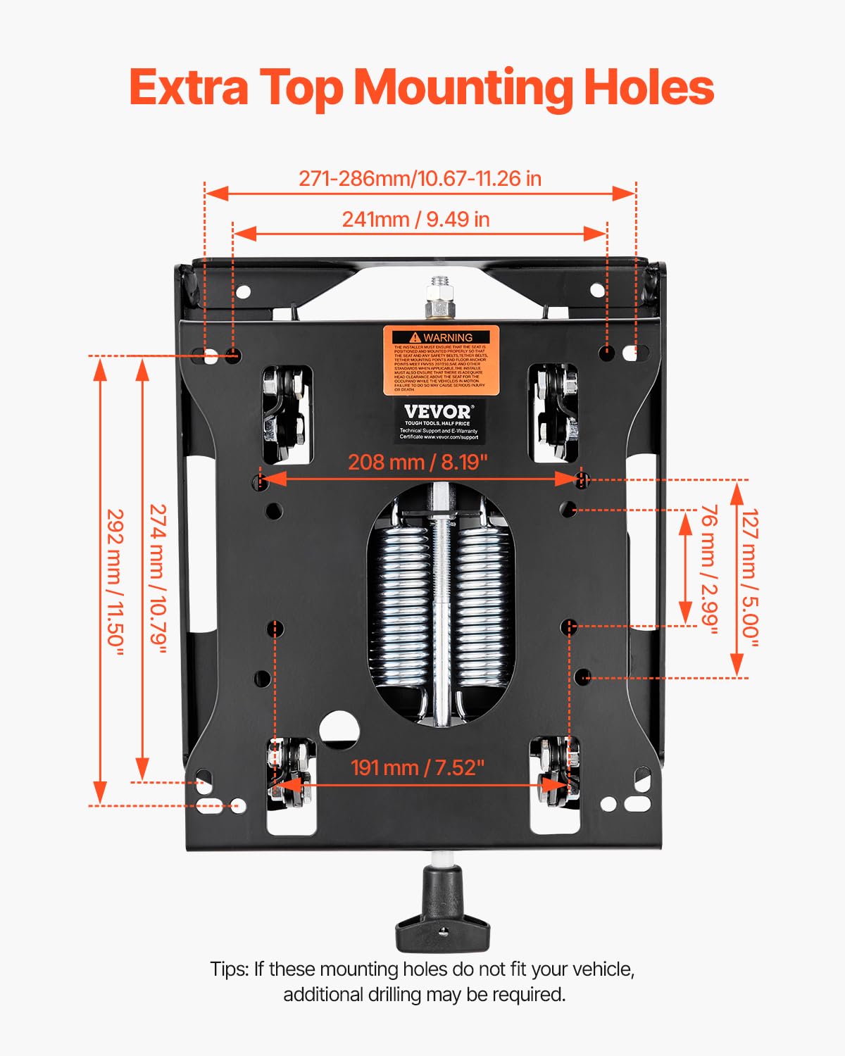 VEVOR Kit Suspension de Siège de Chariot Élévateur Universel, 46x32,5x7 cm, Suspension de Siège de Tracteur Réglable sans Rail Coulissant, Distance Amortissement 30 mm, pour Chargeur, Tondeuse à Gazon
