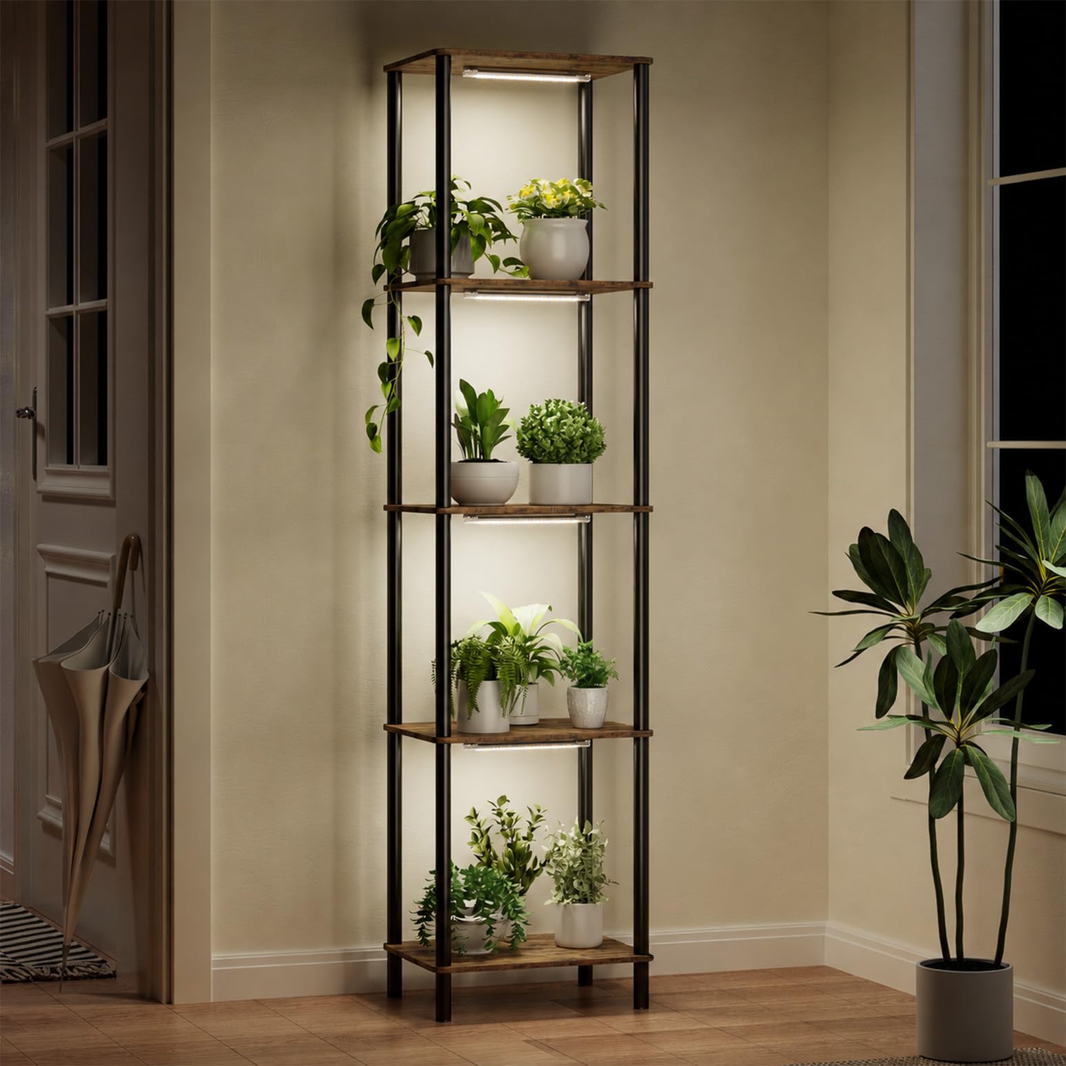 Bstrip Pflanzenständer mit Wachstumslicht, 4 Ebenen Blumenregal Metall Holz | 150cm Plant Stand Indoor, Pflanzenlicht LED Vollspektrum, Dekoratives Blumenständer Schwarz für Garten, Wohnzimmer Balkon