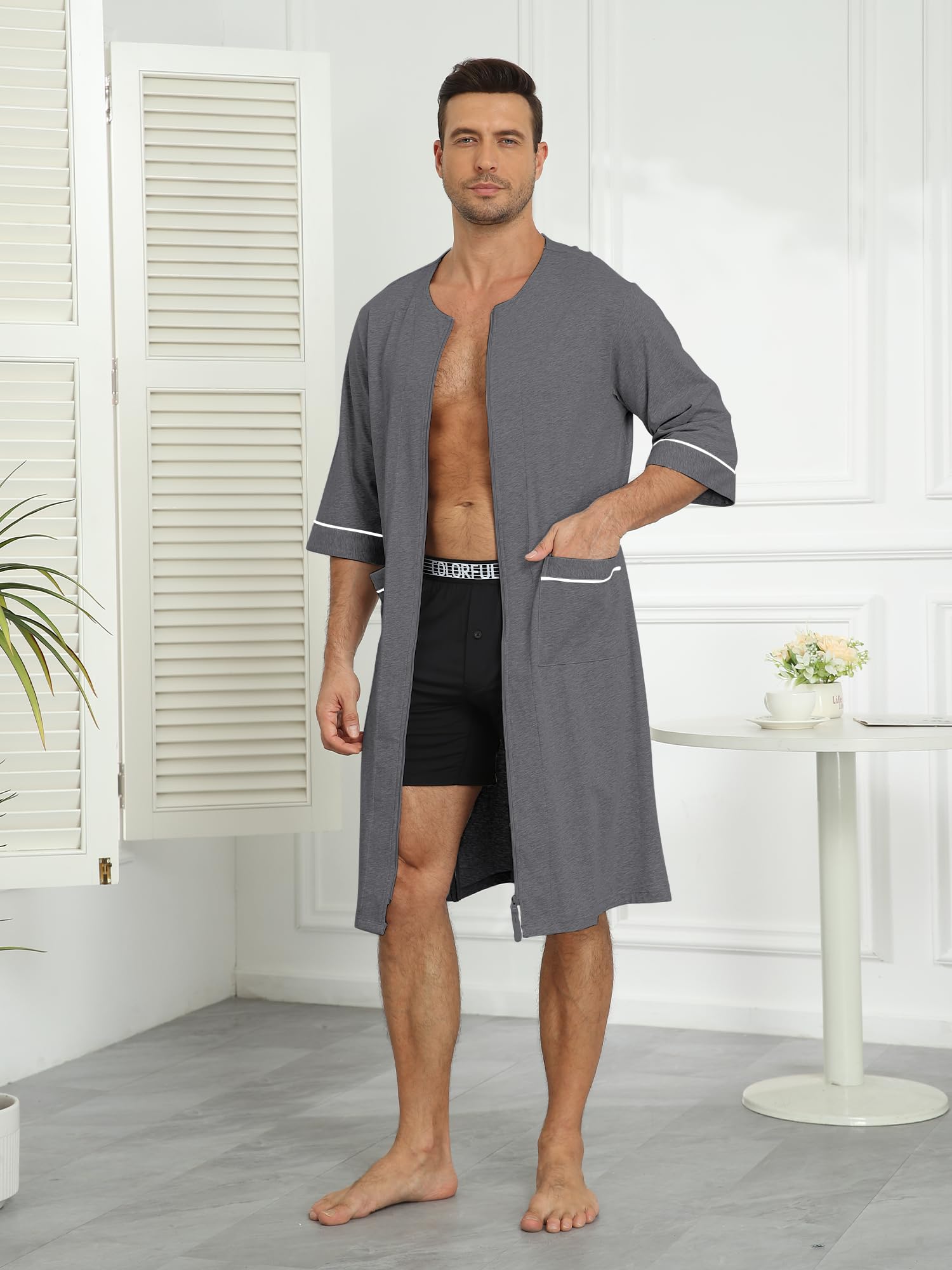 COLORFULLEAF Herren-Bademantel aus 100 % Baumwolle, weicher Reißverschluss, kurzärmelig, Sommer-Kimono, Hausmantel mit Taschen