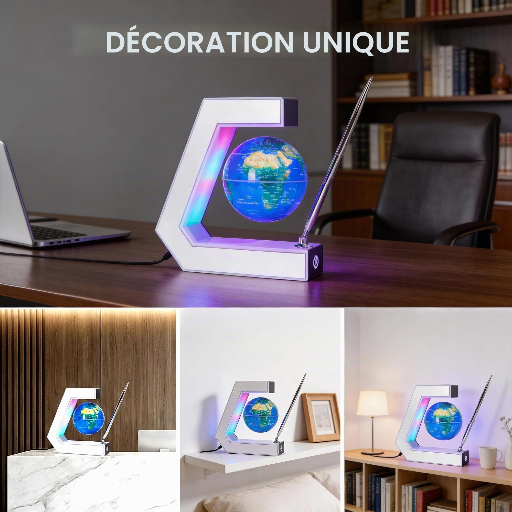 Globe terrestre magnétique flottant avec lampe et stylo - Décoration de bureau cool et géographie éducative pour enfants (Panneau argenté)
