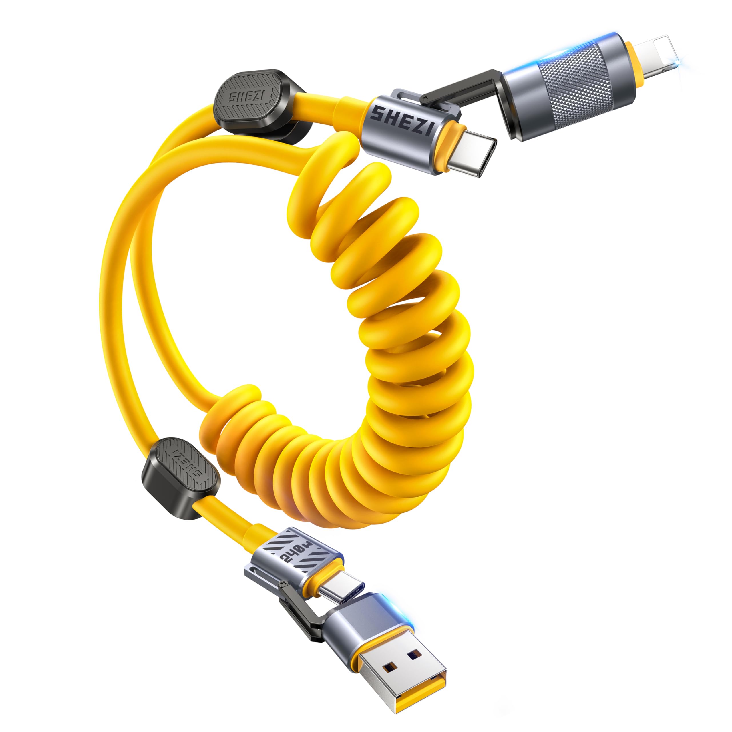4-in-1 Coiled USB C Cable for Car [240W Fast Charging] USB C to Lightning Cable [CarPlay&Android Auto] Charger Cord with L/Type C/USB A Multi Ports for iPhone/iPad-5ft Yellow (SHEZI-Series)