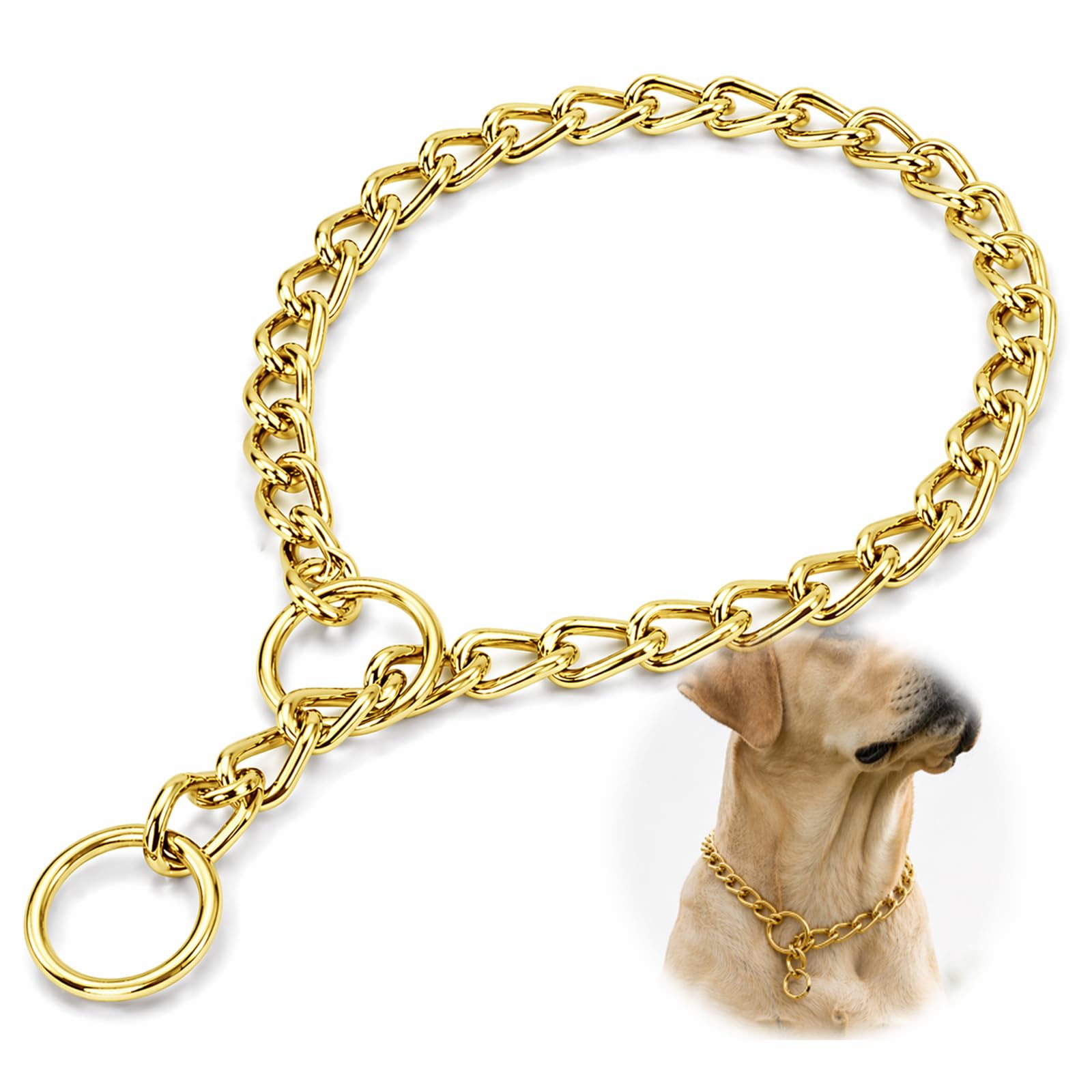 25.5-Inch Golden Steel Dog Chain Collar For Large Breeds - Hair-Friendly Slip Training Collar With Rust-Resistant Seamless Welding Design For Strong Control, Adjustable & Durable