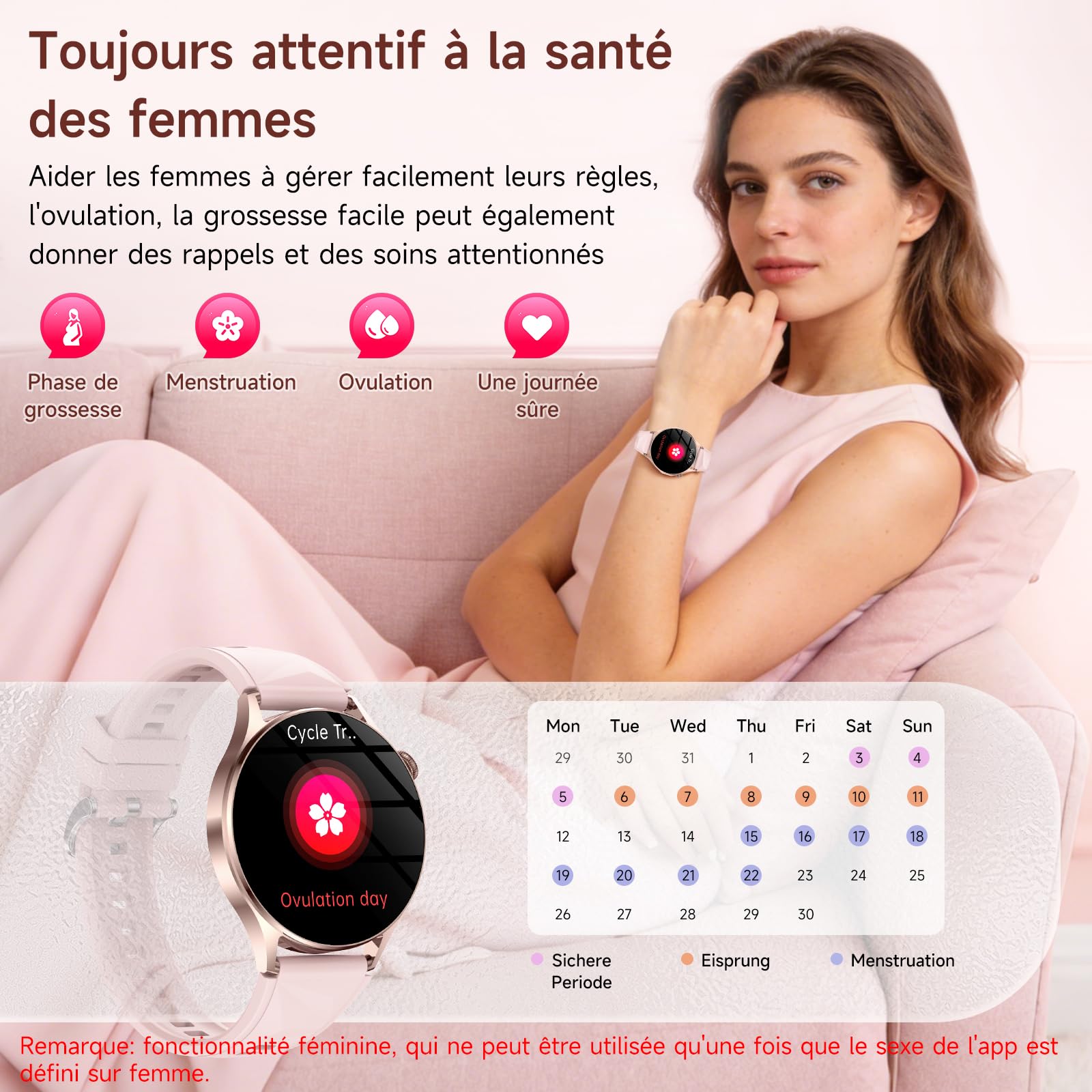 YUPENG Nouv’ Montre Connectée Femme avec ECG+HRV/Pressιon artérιelle/Acide Urique/IMC/Santé Féminine, 1,32" AMOLED Smartwatch avec 24H Fréquence Cardiaque/Sommeil/SOS/SpO2, Android iOS