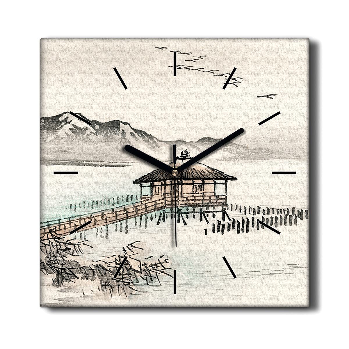 Horloge sur toile Coloray 30x30 cm paysage de chalet de montagne pour salon