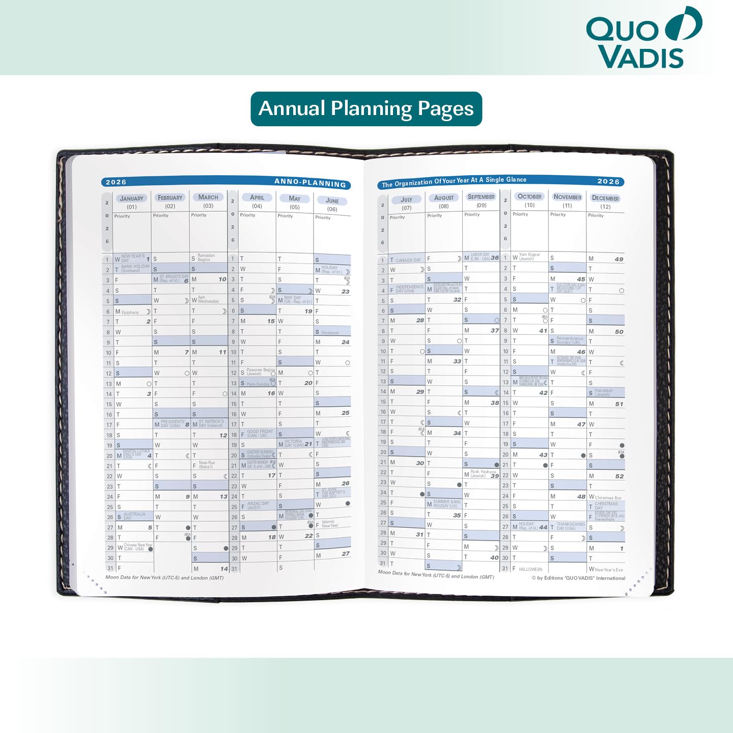 Quo Vadis Agenda settimanale 2027, 12 mesi, da gennaio a dicembre, 10,2 x 15,2 cm, copertina liscia in finta pelle scamosciata Texas, color carbone