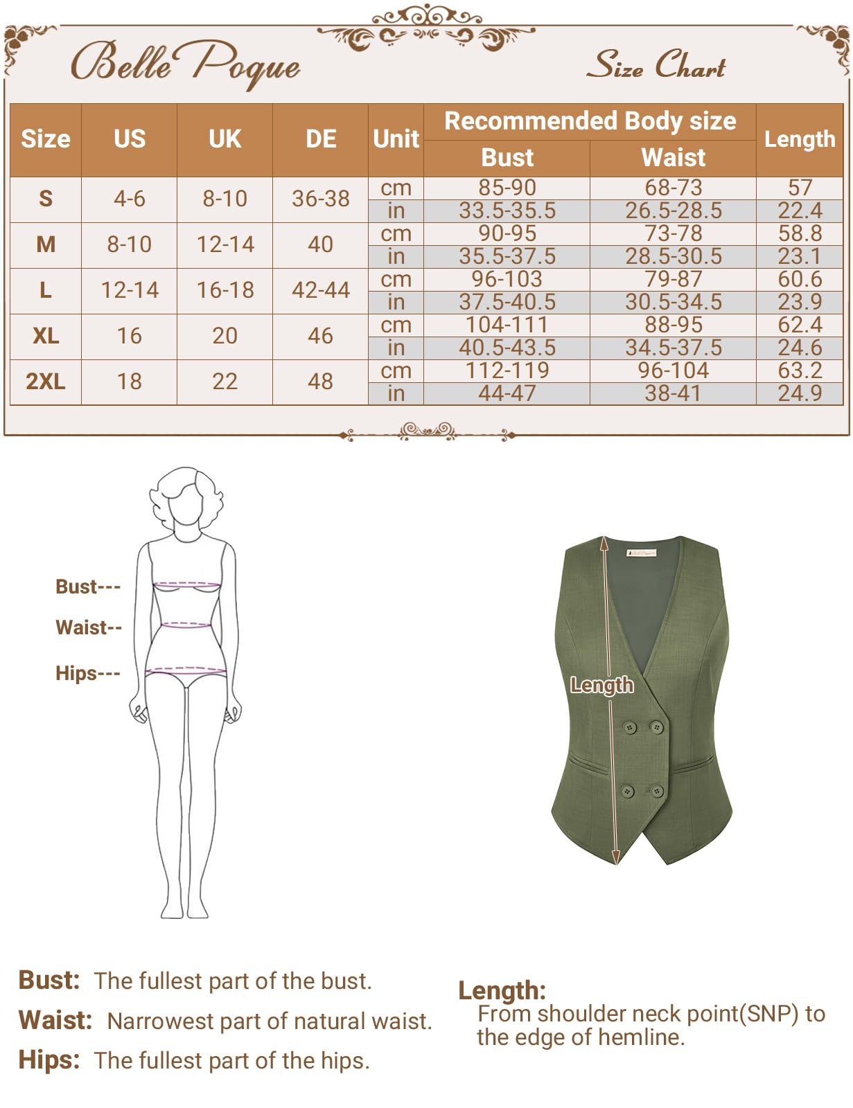 Belle Poque Kamizelka damska vintage bez rękawów dekolt w serek dwurzędowa poszetka obszycie kamizelka topy z kieszeniami