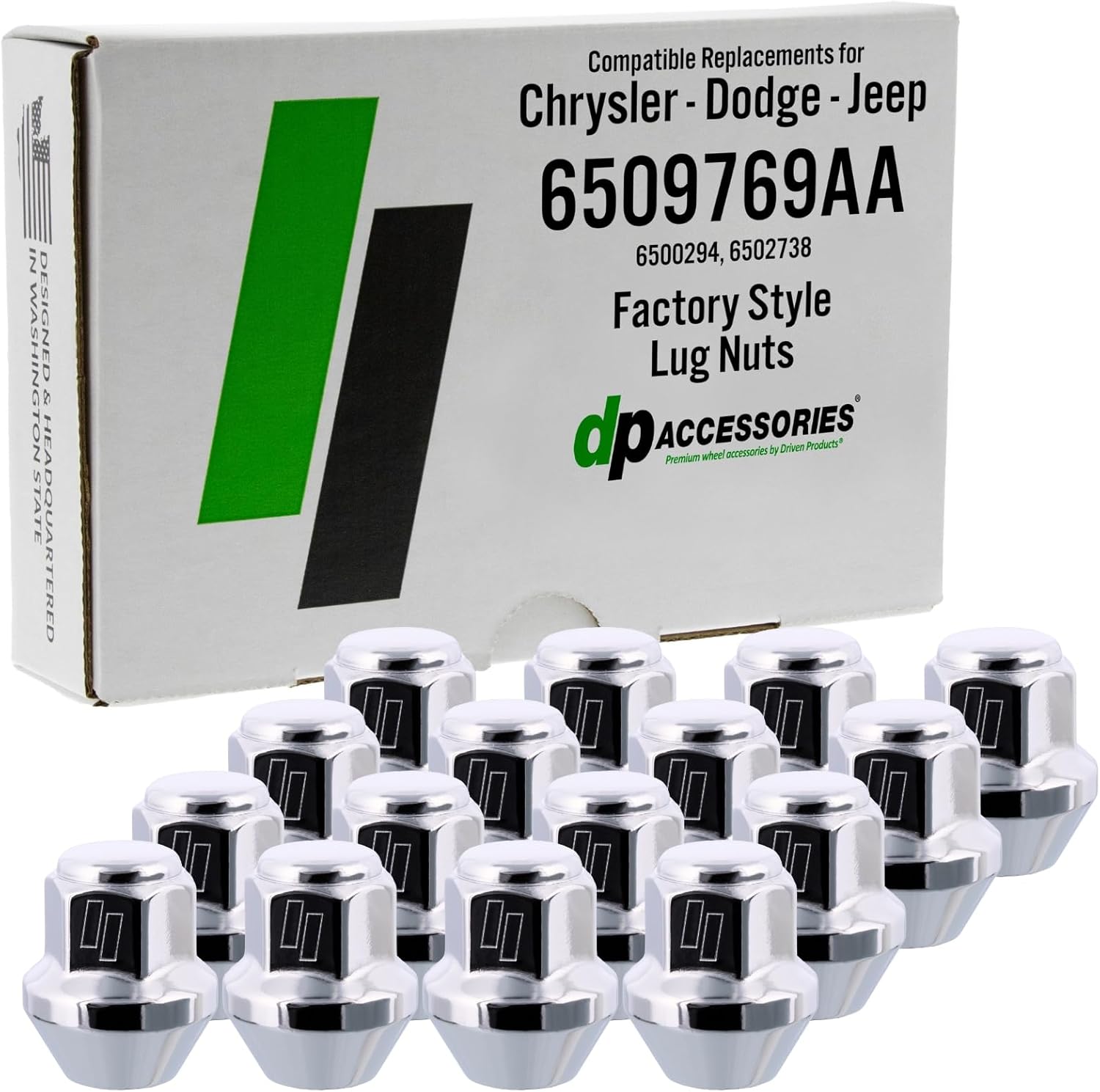 DPAccessories Chrome Lug Nuts | Compatible Replacement for Chrysler-Dodge-Jeep | 6509769AA, 6500294, 6502738 | Factory/OEM Wheels Only | Set of 16 | DMO12501F-CH/016