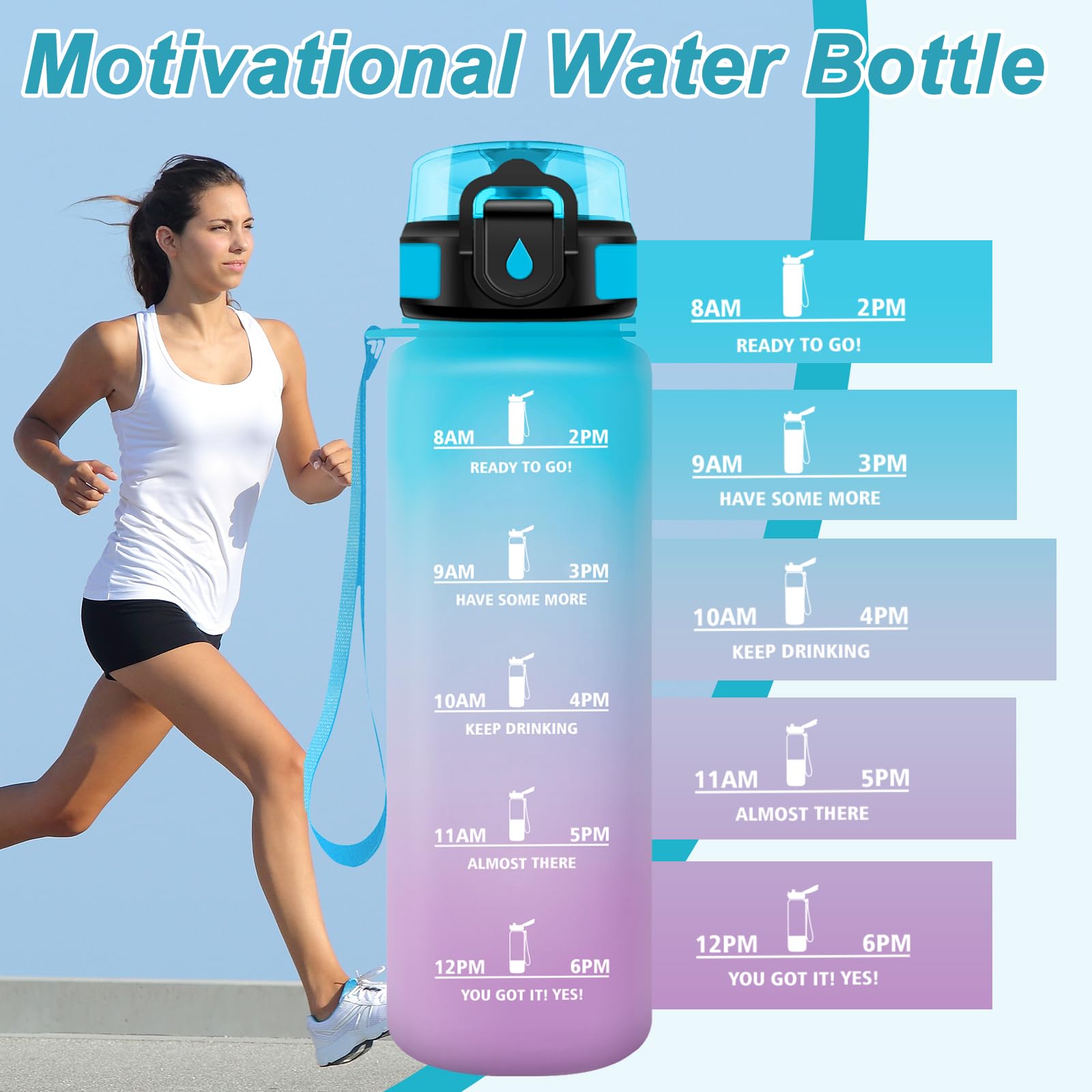 JAPORIA Borraccia 1L, Bottiglia Riutilizzabile, Bottiglia Acqua A Prova di Perdite, Borraccie con Filtro e Marcatori Temporali, senza BPA, Borraccia Motivazionale per Campeggio, Scuola, Ufficio