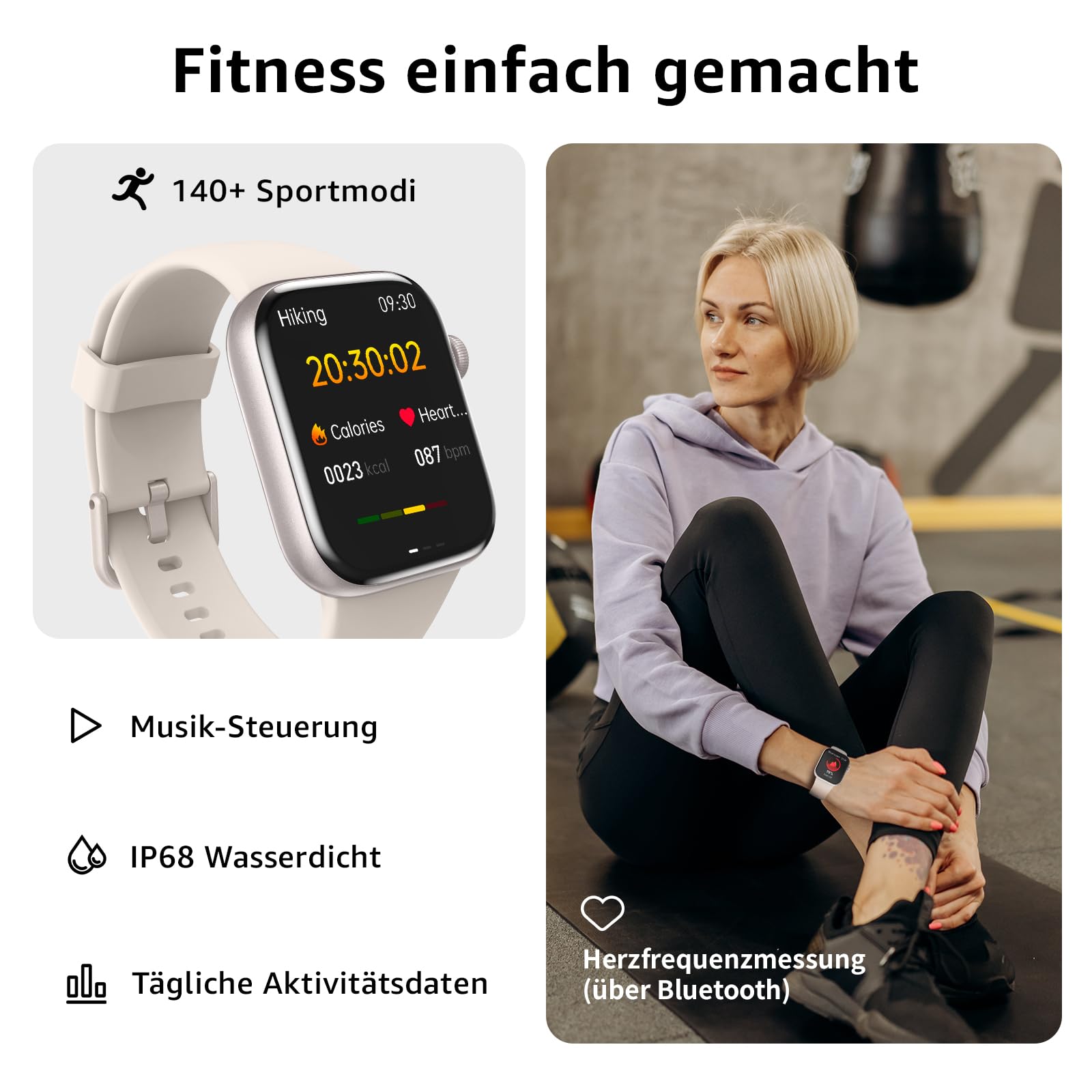 Smartwatch Damen Herren 1,85" HD Touch Fitnessuhr Telefonfunktion 140+ Sportmodi Pulsmesser Schlafmonitor Schrittzähler IP68 Wasserdicht Starlight