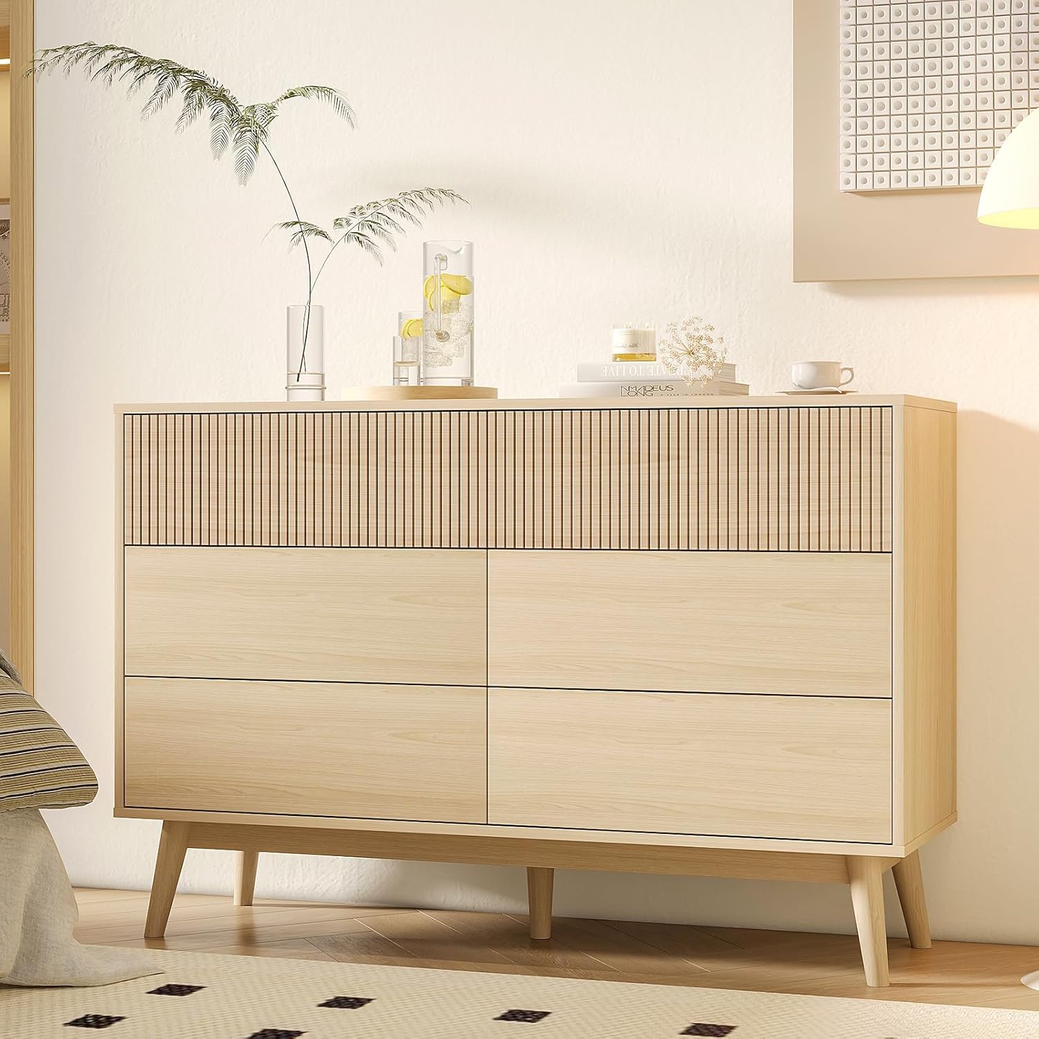 VOWNER Fluted 6 Drawers Dresser for Bedroom, 47" Wide Modern Chest of Drawers, Pull-Free Drawers, Wooden Closet Clothes Storage Organizer, Dressers TV Stand for Living Room Hallway, Natural