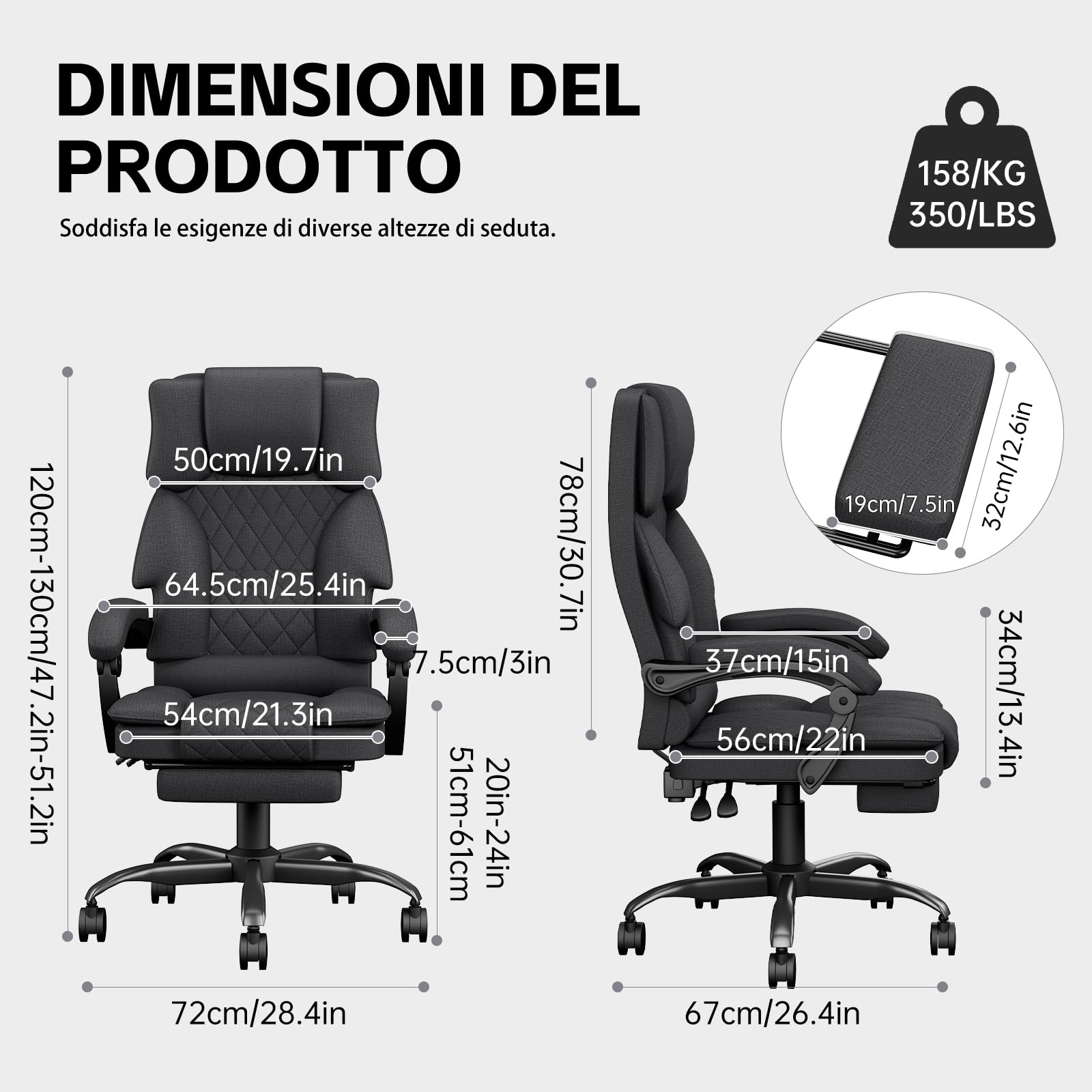 Sedia da Ufficio Ergonomica con Poggiapiedi in Tessuto, Poltrona Ufficio Sedia Scrivania ad Altezza Regolabile con Ruote Piroettanti, Sedia Ufficio per Home, Sedia Gaming, Grigio Scuro - 4