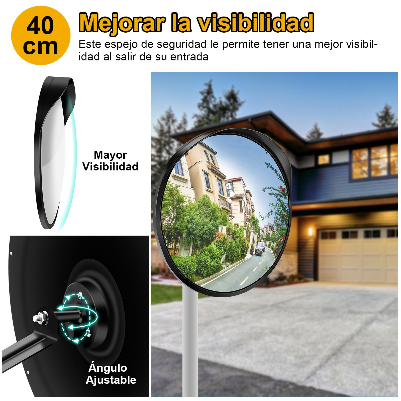 Angooni 40 cm Espejo de Seguridad, Espejo de Tráfico de Visión Ajustable, Espejo Convexo para Garaje y Entrada de Vehículos, Asistente de Aparcamiento (Admite Interior y Exterior)