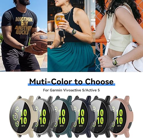 Miniatura 7 de Protector de pantalla diseñado para Garmin Vivoactive 5 con película de vidrio templado, carcasa de policarbonato duro, cubierta completa,