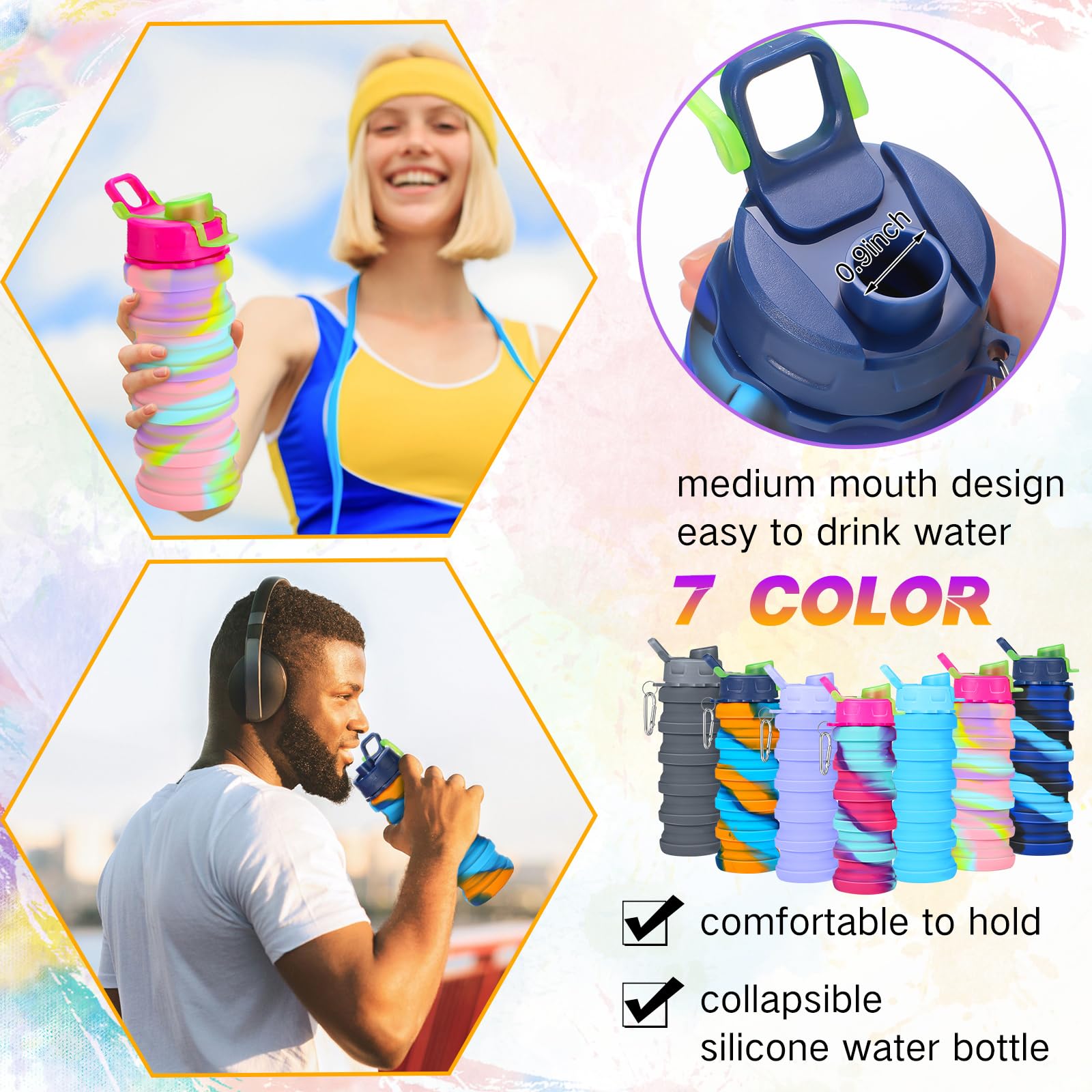 Sunnyray 20 bottiglie d'acqua pieghevoli, 500 ml, in silicone, portatili, pieghevoli, a prova di perdite, riutilizzabili, mimetiche, con clip, per viaggi, escursionismo, campeggio, attività all'aperto