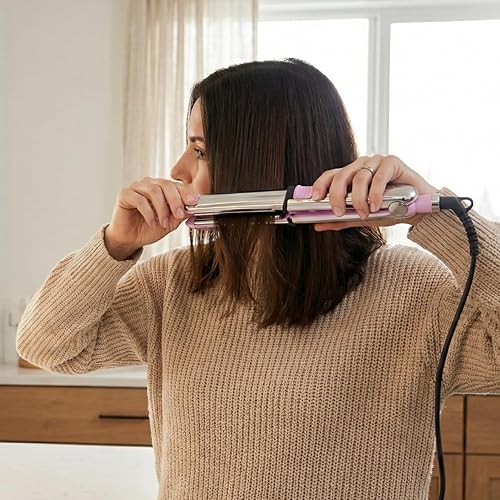 Miniatura 6 de Plancha plana iónica de titanio 2 en 1, alisador y rizador de cabello profesional, calentamiento rápido, doble voltaje, rosa, para todo tipo de