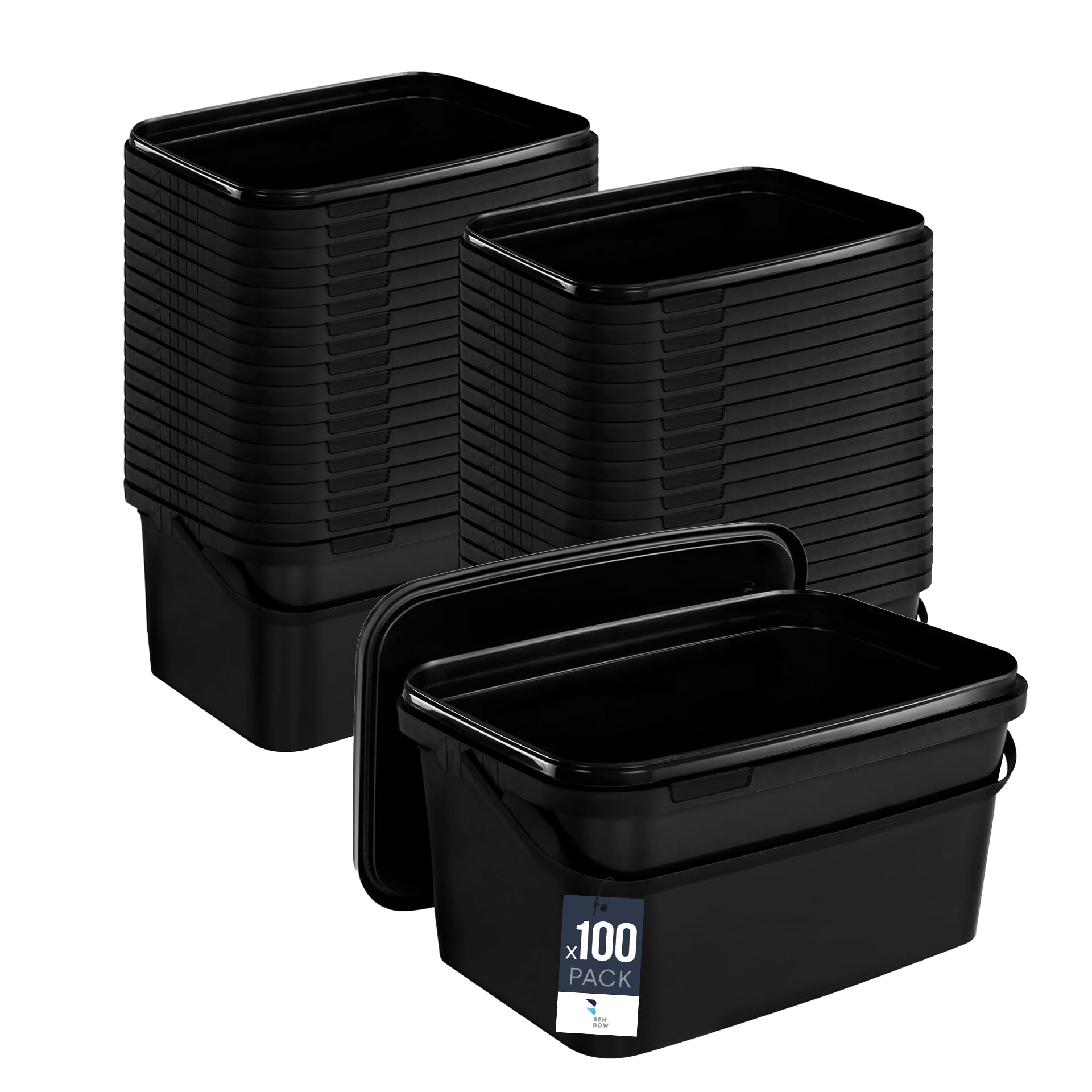 Benbow Black Rectangular Bucket With Lid 1.1 Gal (100X 5L) - Food-Safe, Stackable Plastic Box With Handle - Airtight, Leak-Proof, Odourless, Ideal For Home And Commercial Use - Empty