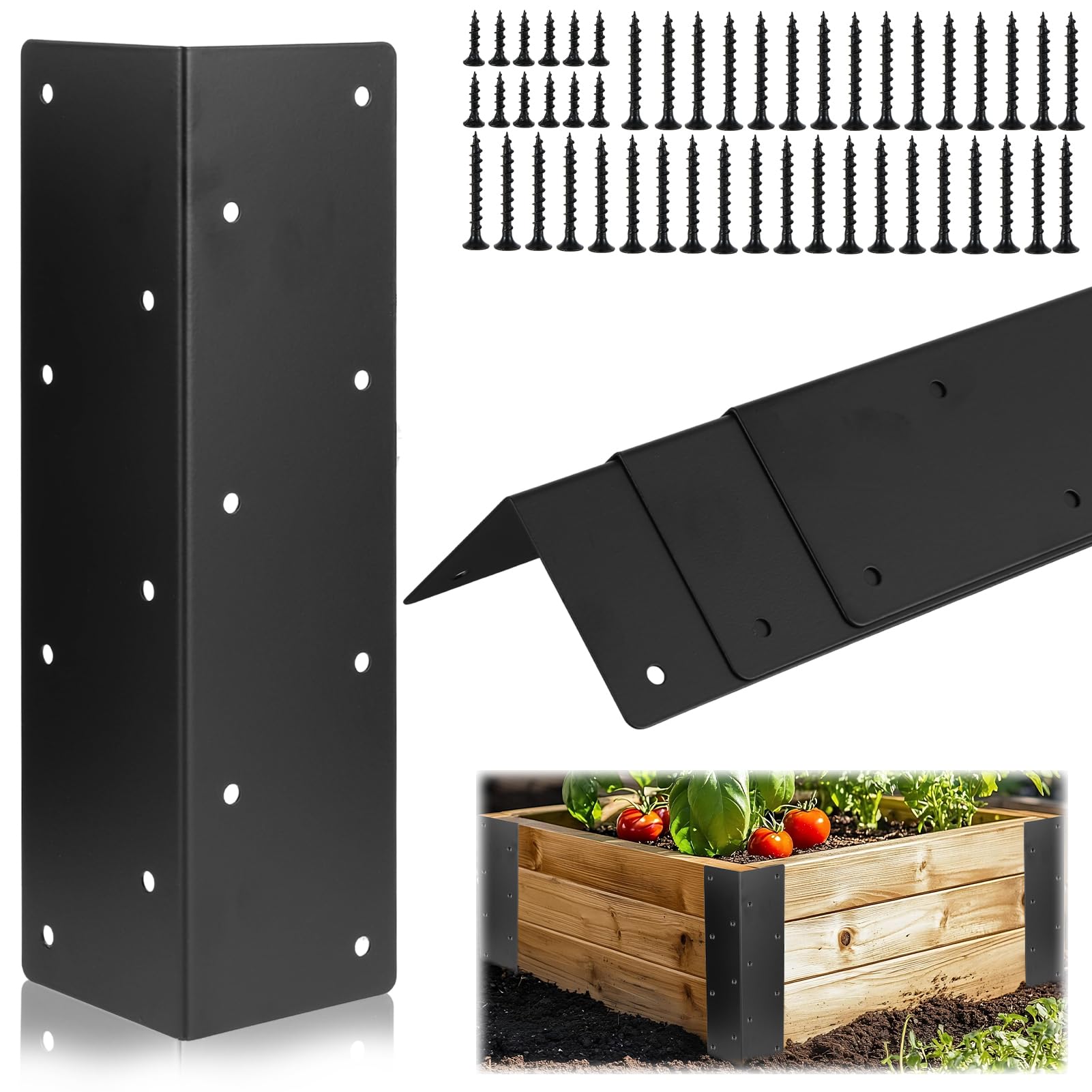 4 x Raised Garden Bed Corner Brackets with Wood Screws for 20"-24" Bed, Rust Resistant Raised Bed Corners Metal Connectors 28x7.5x7.5cm for Vegetable Planter Garden