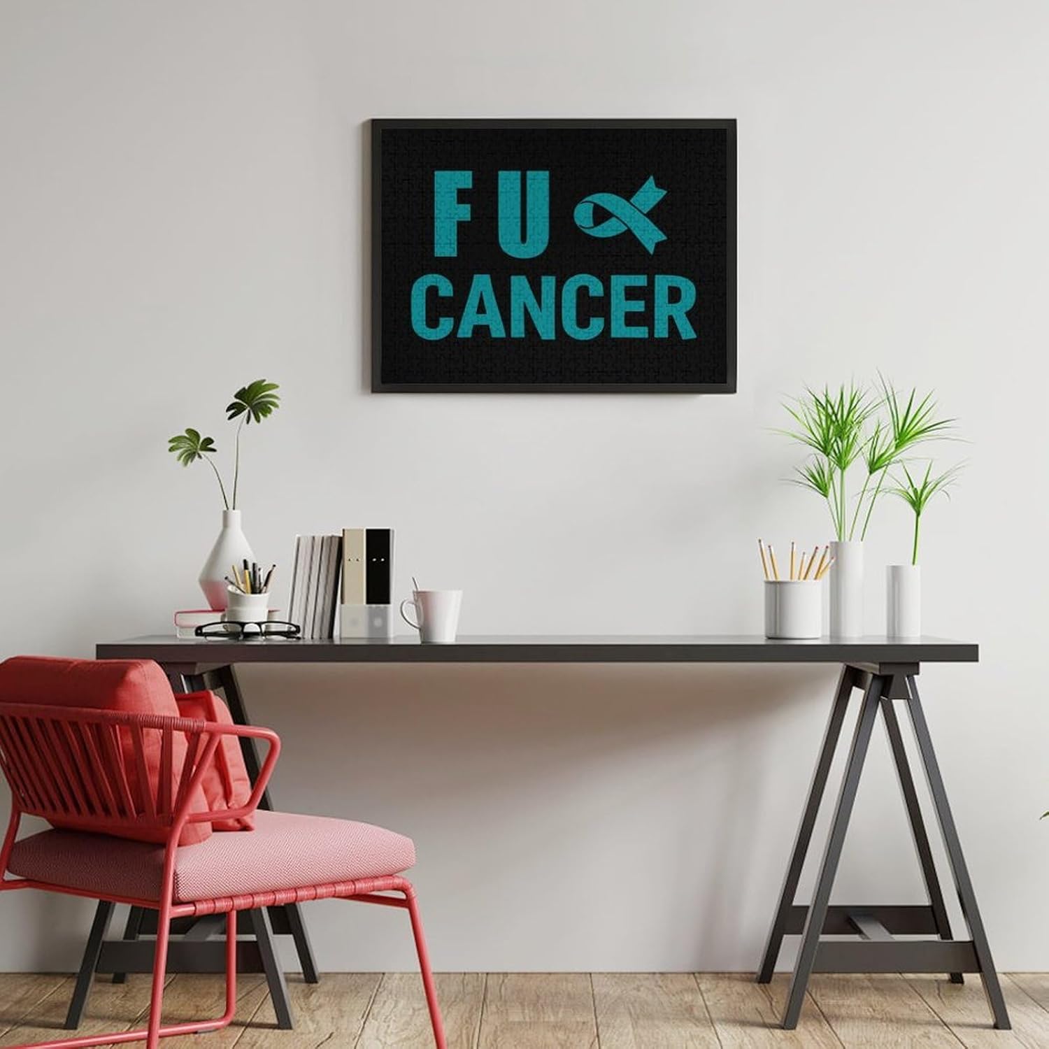 FCK Cancer Teal Ribbon Ovarian Cancer Puzzles for Adults 500 PCS Wooden Jigsaw Puzzle Wall Decor Christmas