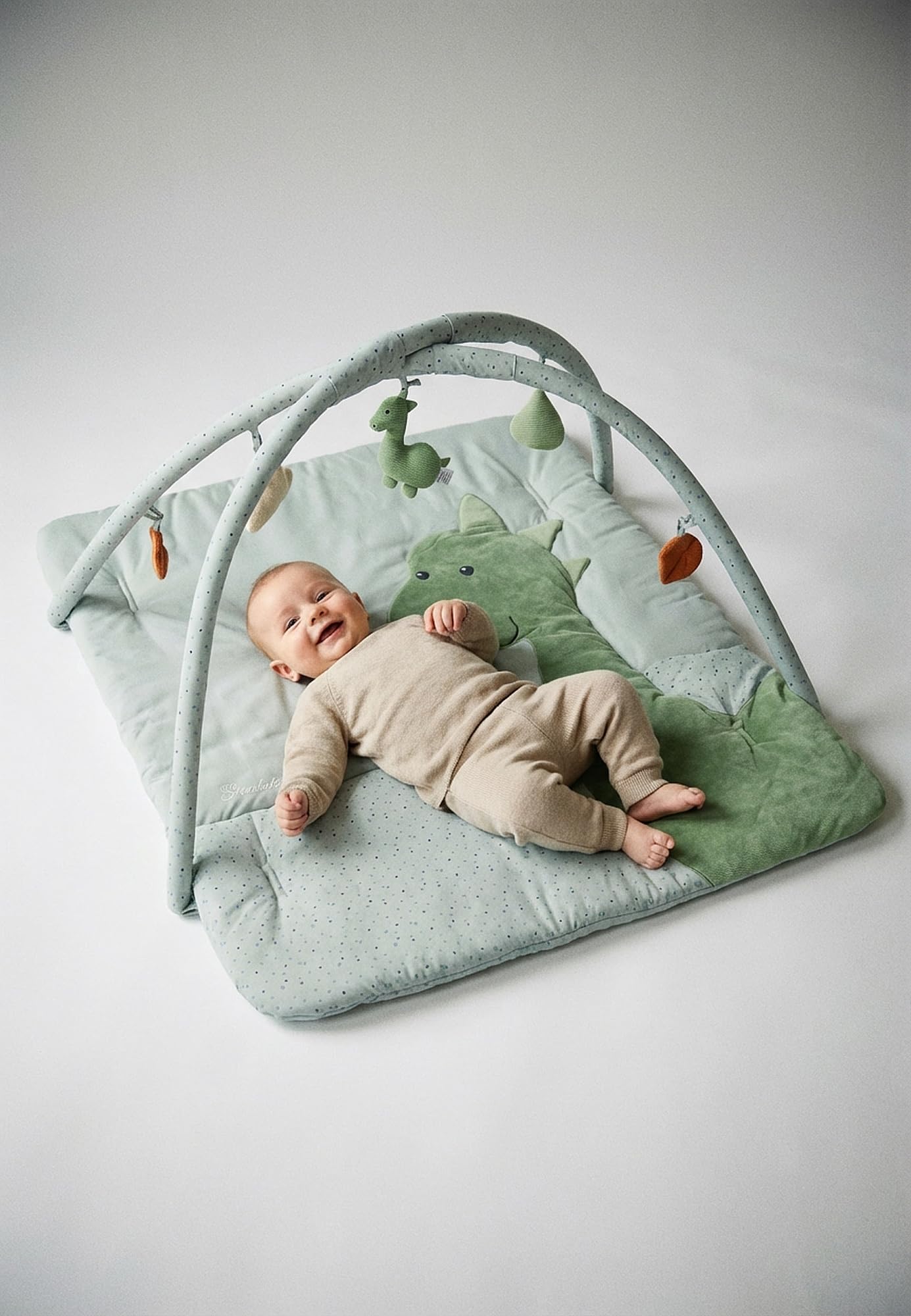 Sterntaler Spielbogen Dino Rexi - Spielbogen aus Velour und bedrucktem Baumwoll Mischgewebe - Baby Spieldecke mit Bogen und Spielfiguren zum Abnehmen - Baby Spielzeug mit Knisterpapier, graublau
