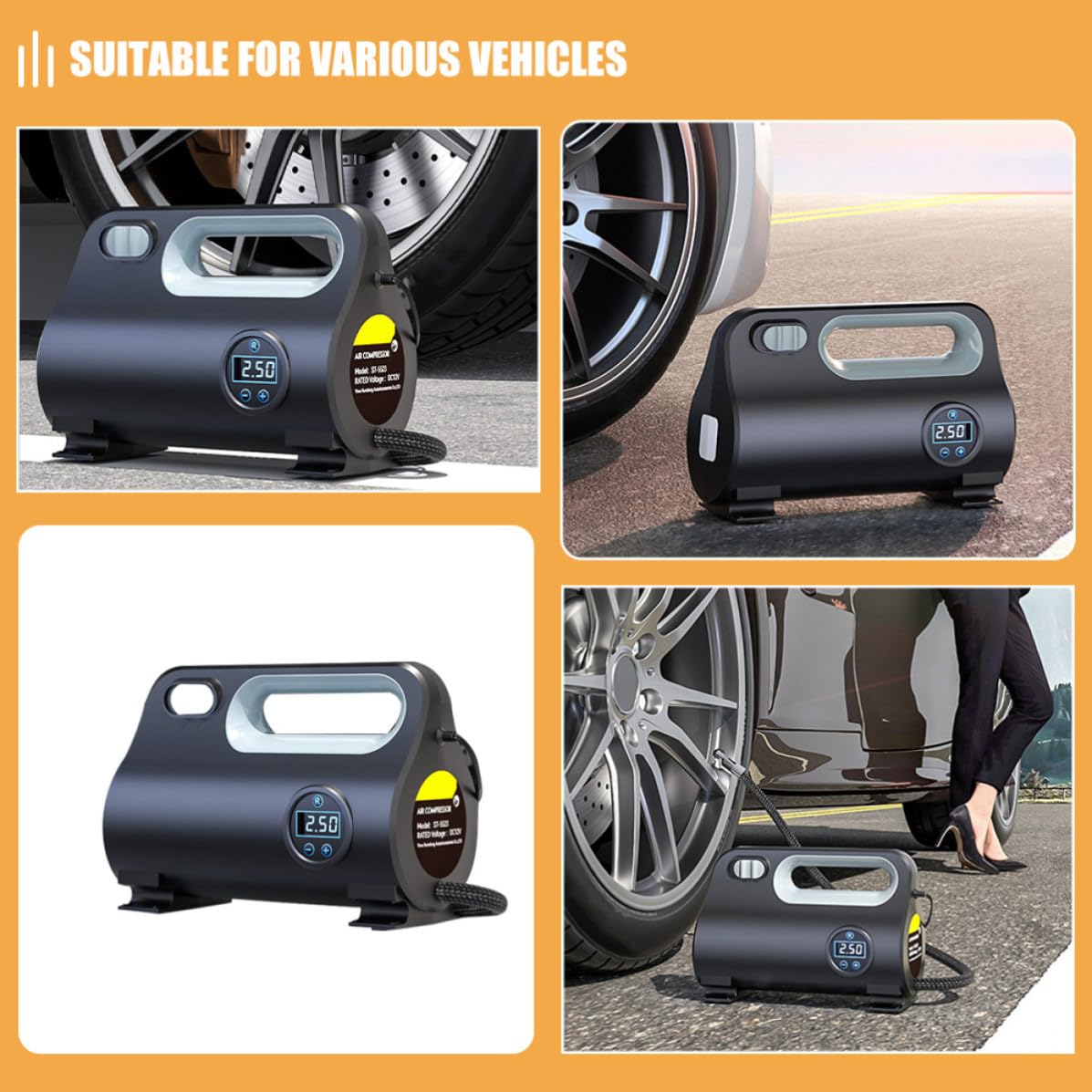BESPORTBLE Inflador de Neumáticos Portátil para Coche Dc12 V 120 W Negro