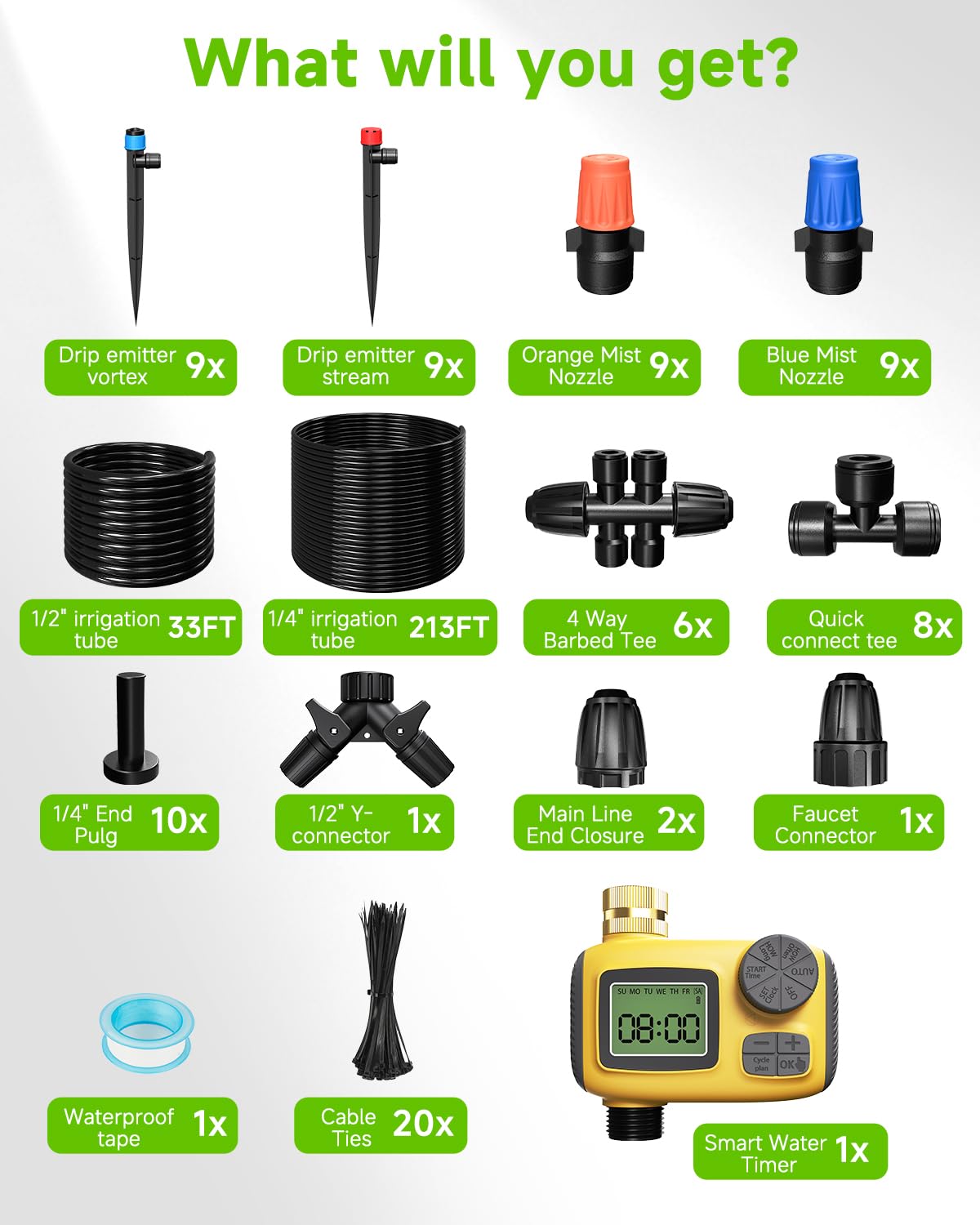 System nawadniania kropelkowego 246FT z timerem LCD, zestawy automatycznego systemu nawadniania, wąż 1/2 cala, rurka rozdzielcza 1/4 cala, 3 rodzaje opryskiwaczy, do ogrodu, szklarni, ogrodu