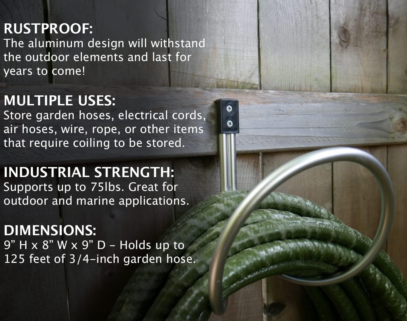 One - Hose Hanger Wall Mount, Holds 25 to 125 Feet of 3/4 Inch Hose – Aluminum Hose Hook (2 Hangers)