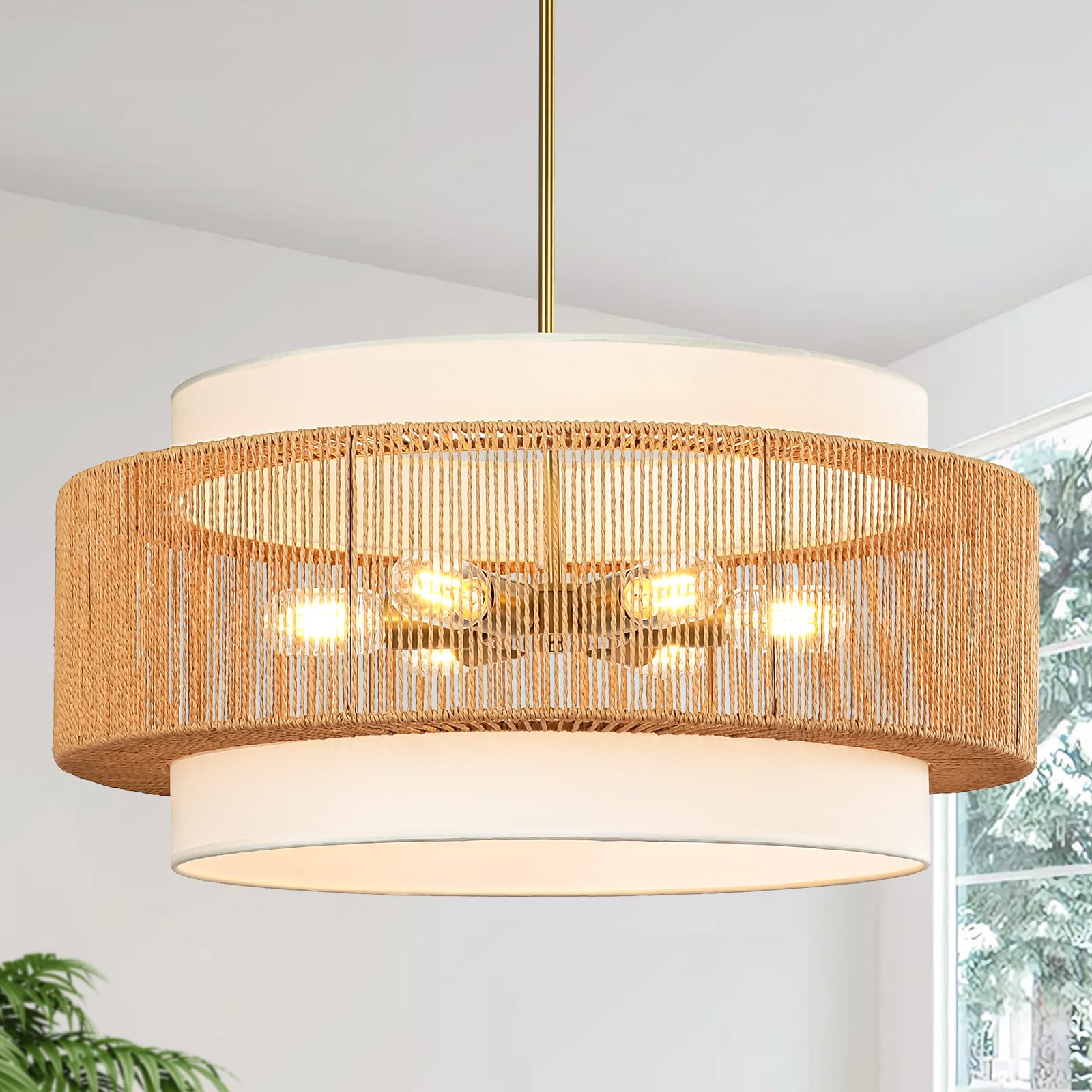 Photo 1 of 25.6" Rattan Chandelier, 6-Light Large Rattan Pendant Light with Fabric Lampshade, Farmhouse Boho Light Fixture Ceiling Hanging for Dining Room, Living Room, Bedroom, Kitchen Island, Hallway, Foyer