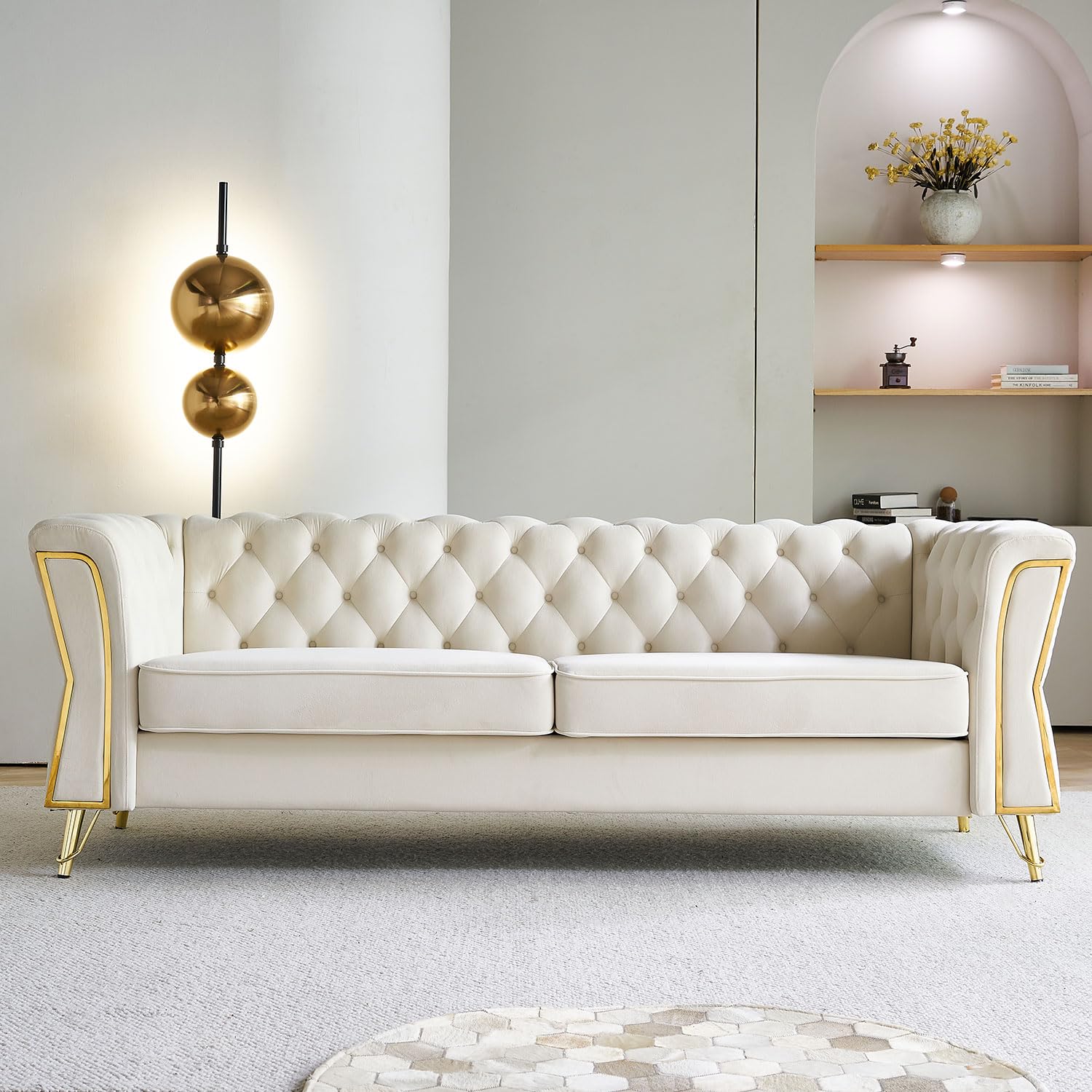 KEIKI 87" Chesterfield Velvet Button Tufted Sofa with High Density Foam Cushions, Modern Style 3-Seater Couch with Gold Strip Trim Decoration, Easy Assembly, for Apartment, Living Room, Office, Beige