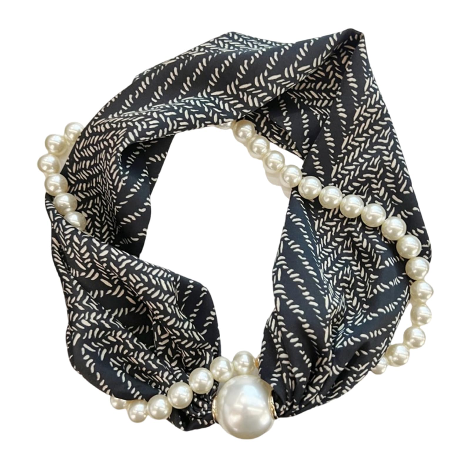 Ruiogoe Women's Woven Texture Silk Satins Polkas Dots Floral Scarf With Buckle Pearls Chain Necklace Choker Scarves Neckerchief For