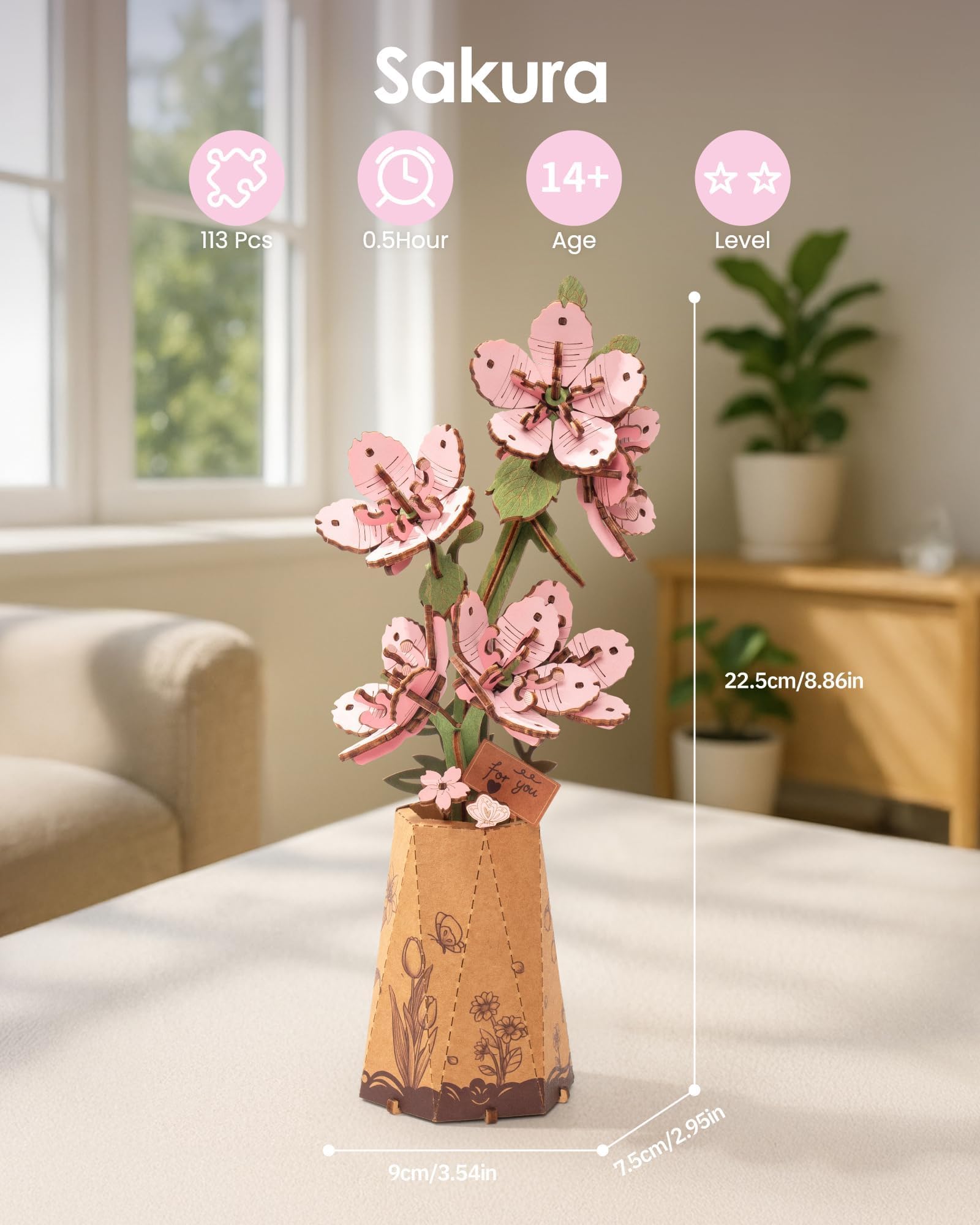 ROBOTIME 3D Wooden Flowers Puzzle Sakura, Artificial Bloom Jigsaw, Model Kits for Adults to Build DIY Craft Set - Image 2