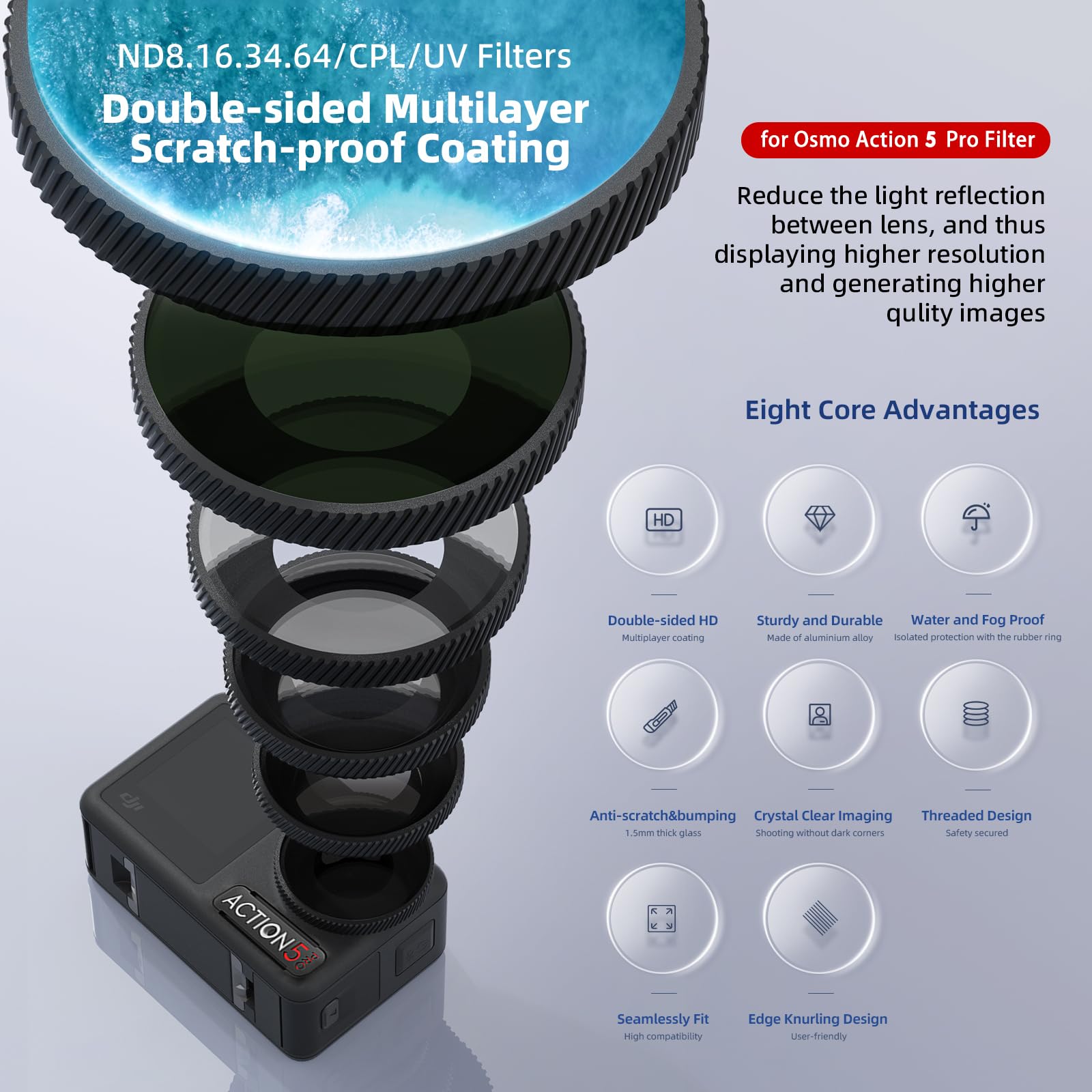ND Filter Set per DJI Osmo Action 5 Pro Cameras - Accessori per Fotografia Underwater - Dettaglio