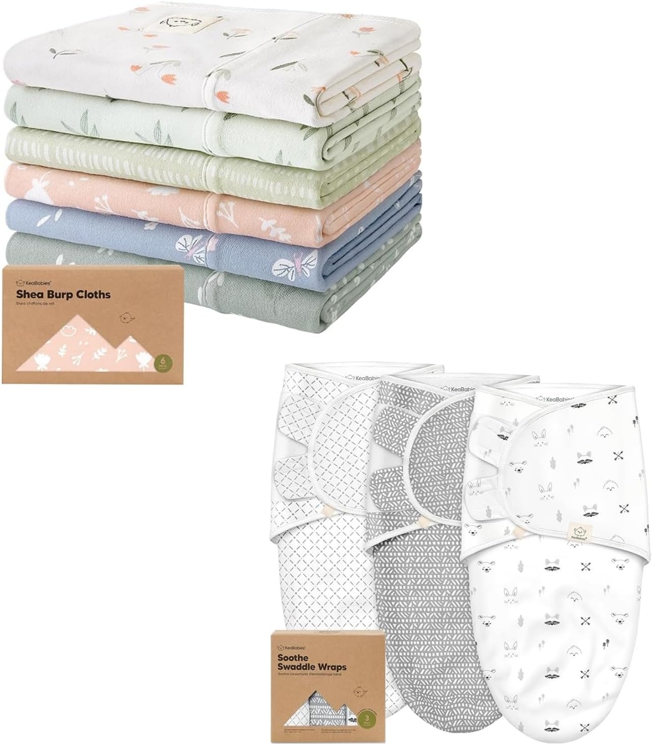 KeaBabies 6-Pack Baby Burp Cloths for Baby Boys and Girls and 3-Pack Baby Swaddle Sleep Sacks - Large Baby Burp Cloths, Burping Cloths for Babies - Newborn Swaddle Sack