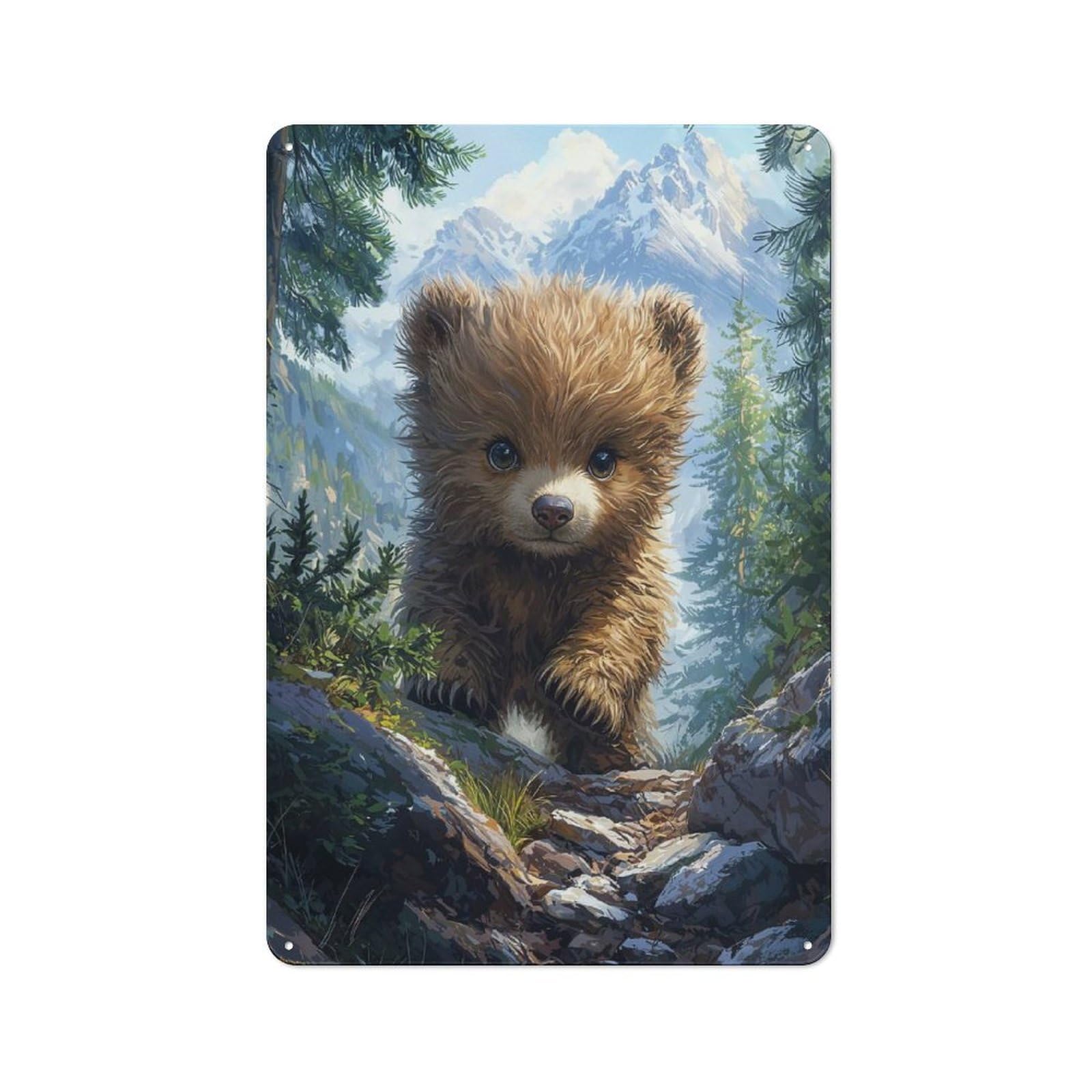 Junmoney Style-5 Tin Sign 30X20cm With Cute Bear Cub In Mountains For Garage Wall, Retro-Style Decor, For Room Styling Across Garages And Workshops