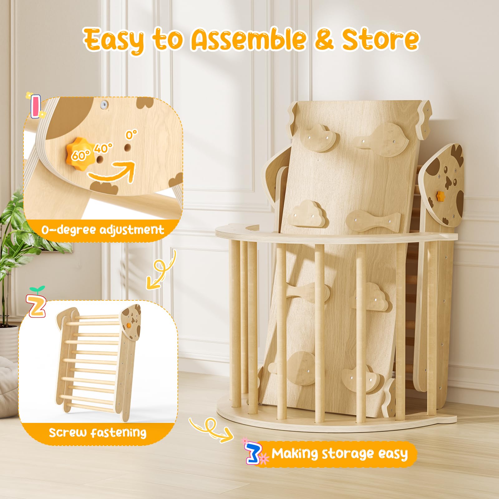 7-in-1 Montessori Klettergerüst Set Indoor Spielset mit Bogen, Rampe und Kletterdreieck, Holz-Dreieckset für Baby-Innenspielplatz für Kinder, Spielplatz-Klettertoys für Kleinkinder (Holzfarbe)
