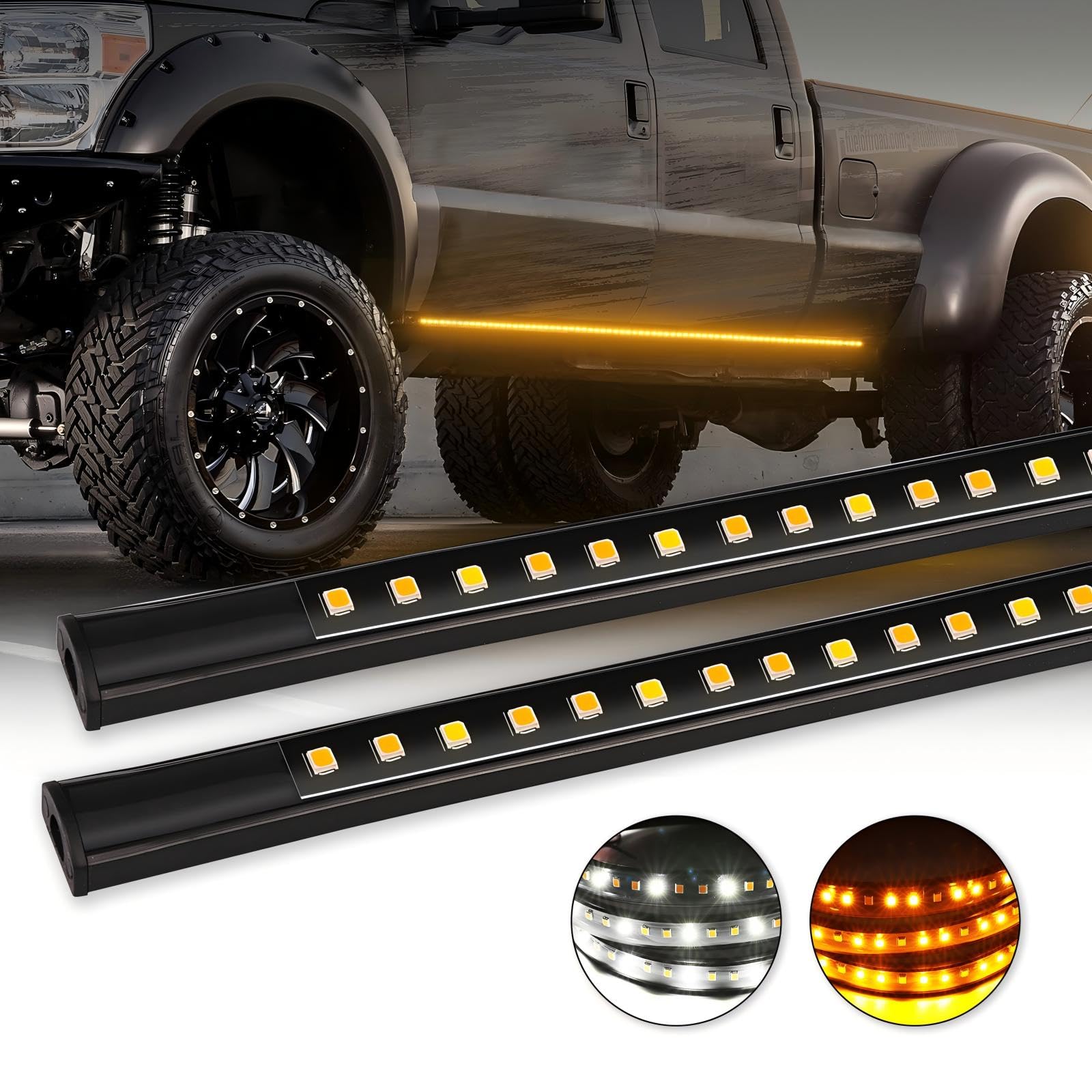 Truck LED Running Board Lights, Niwaker 2PCS 70 Inch LED Side Marker Lights for Extended & Crew Cab Sequential Amber Turn Signal Light Strips & White Courtesy Light Bar for Truck Pickup SUV Off Road