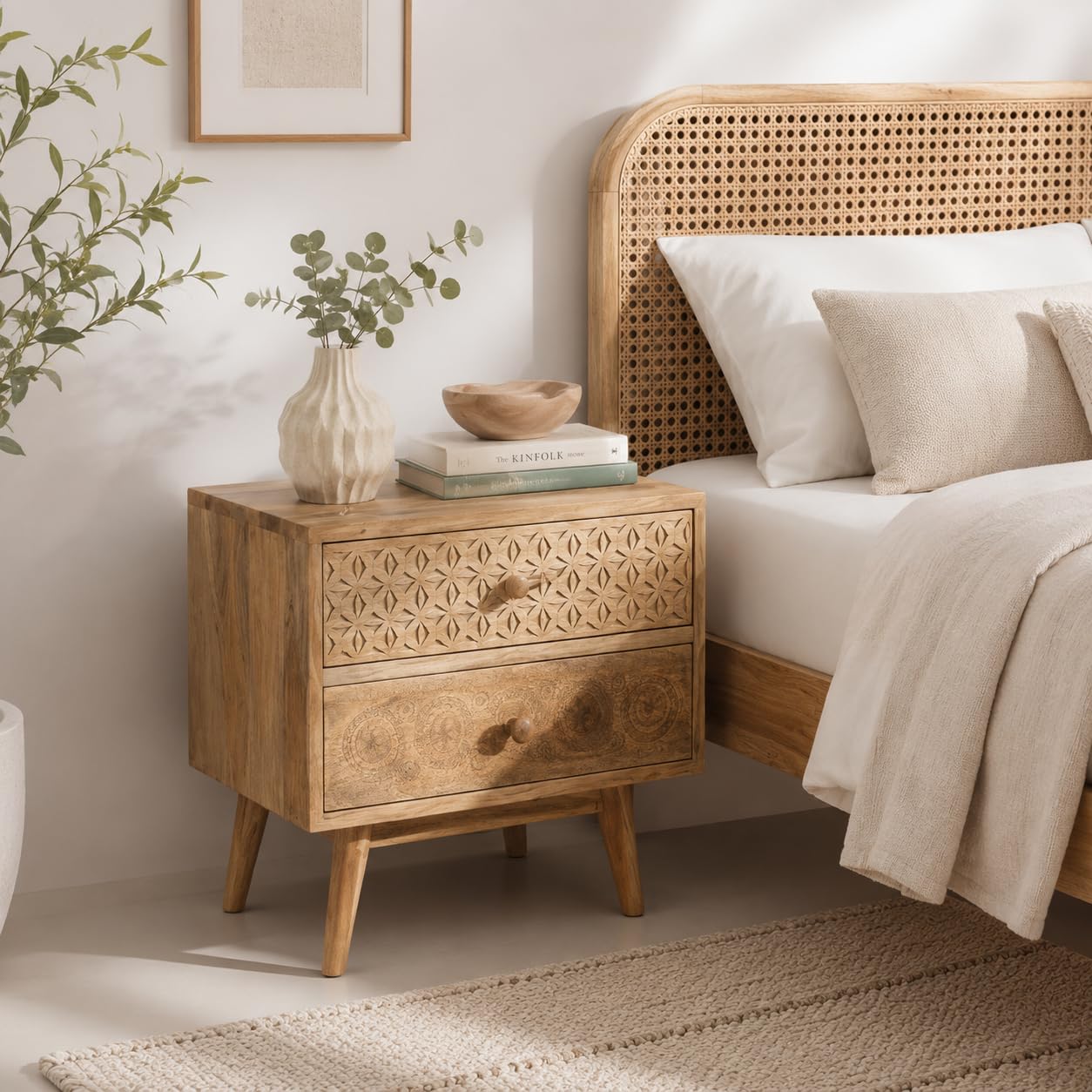 smaart craafts Carving Solid Wood Bedside Table: Premium Design with 2 Drawers - Nightstand Cum Side Table for Bedroom, Home & Kitchen - Pure Mango Wood with Natural Finish-picture-37