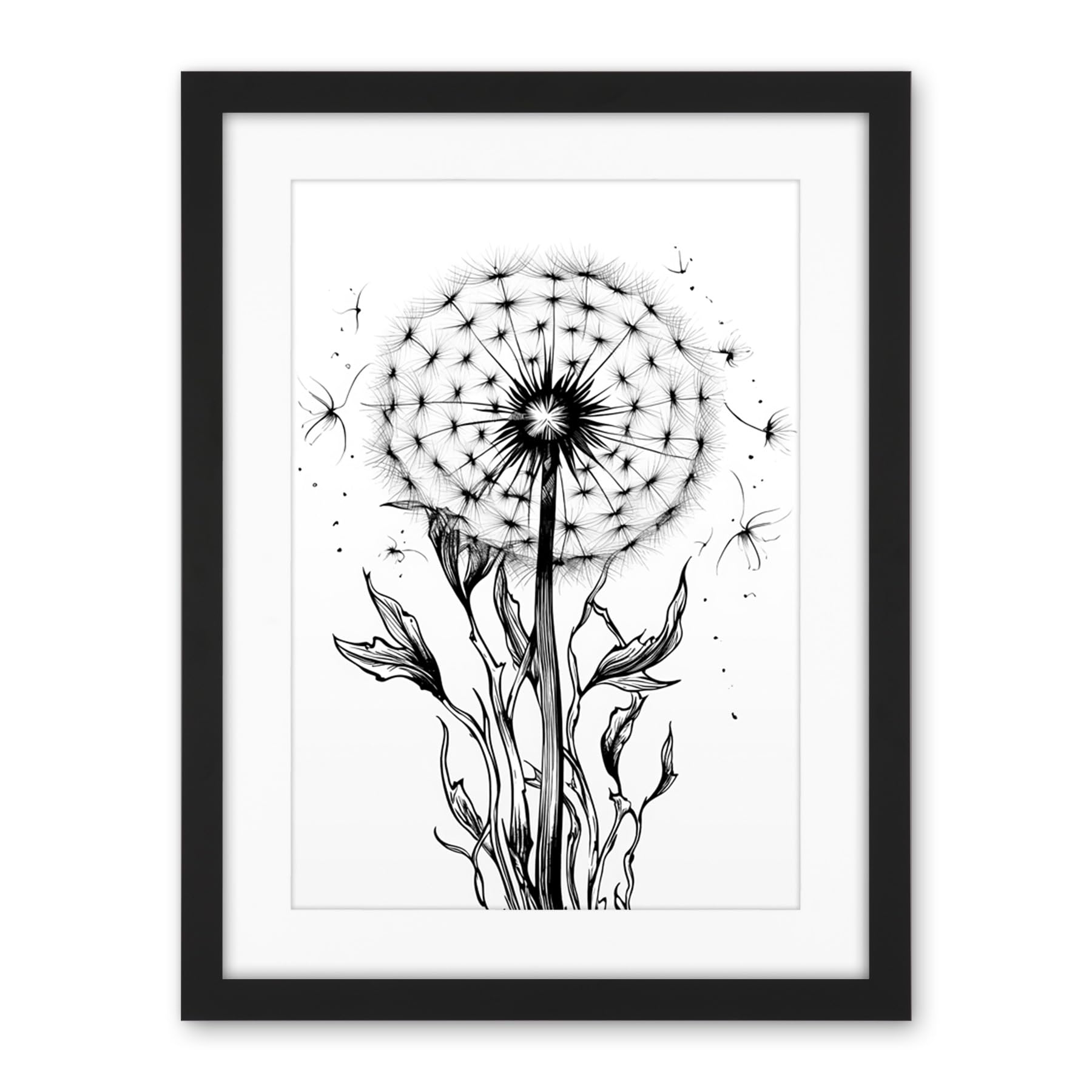 Artery8 Dandelion Flower Seed Black and White Rockabilly Americana 50s Artwork Framed Wall Art Print 18X24 Inch