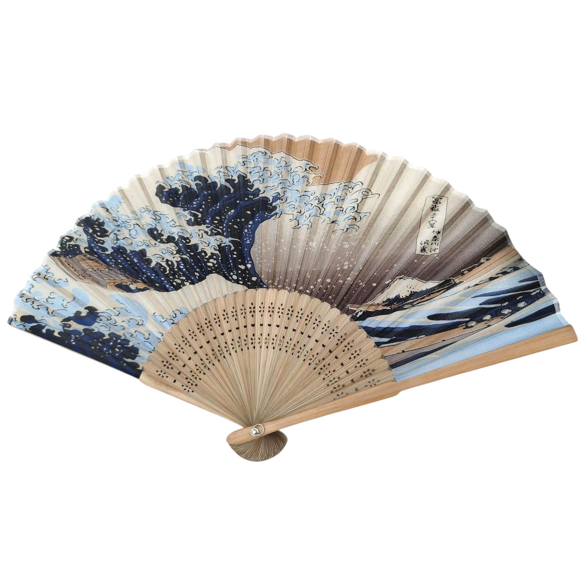 GFM® Bamboo and Silk Handheld Folding Japanese Art Hand Fan Wooden Wood Summer, Wedding, Party Favour (Hokusai Great wave)(FLSLK-CH-47) — image 1