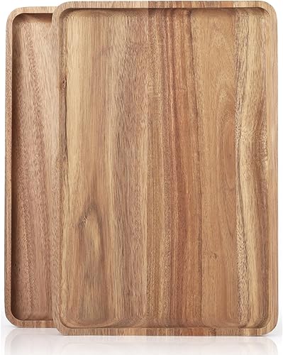 2 bandejas rectangulares rectangulares de madera de acacia maciza de 16 x 12 pulgadas, tableros de madera natural para bar, café, fiesta (color