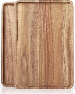 2 PCS 16 x 12 in Large Solid Acacia Wood Serving Trays Rectangular Woode...