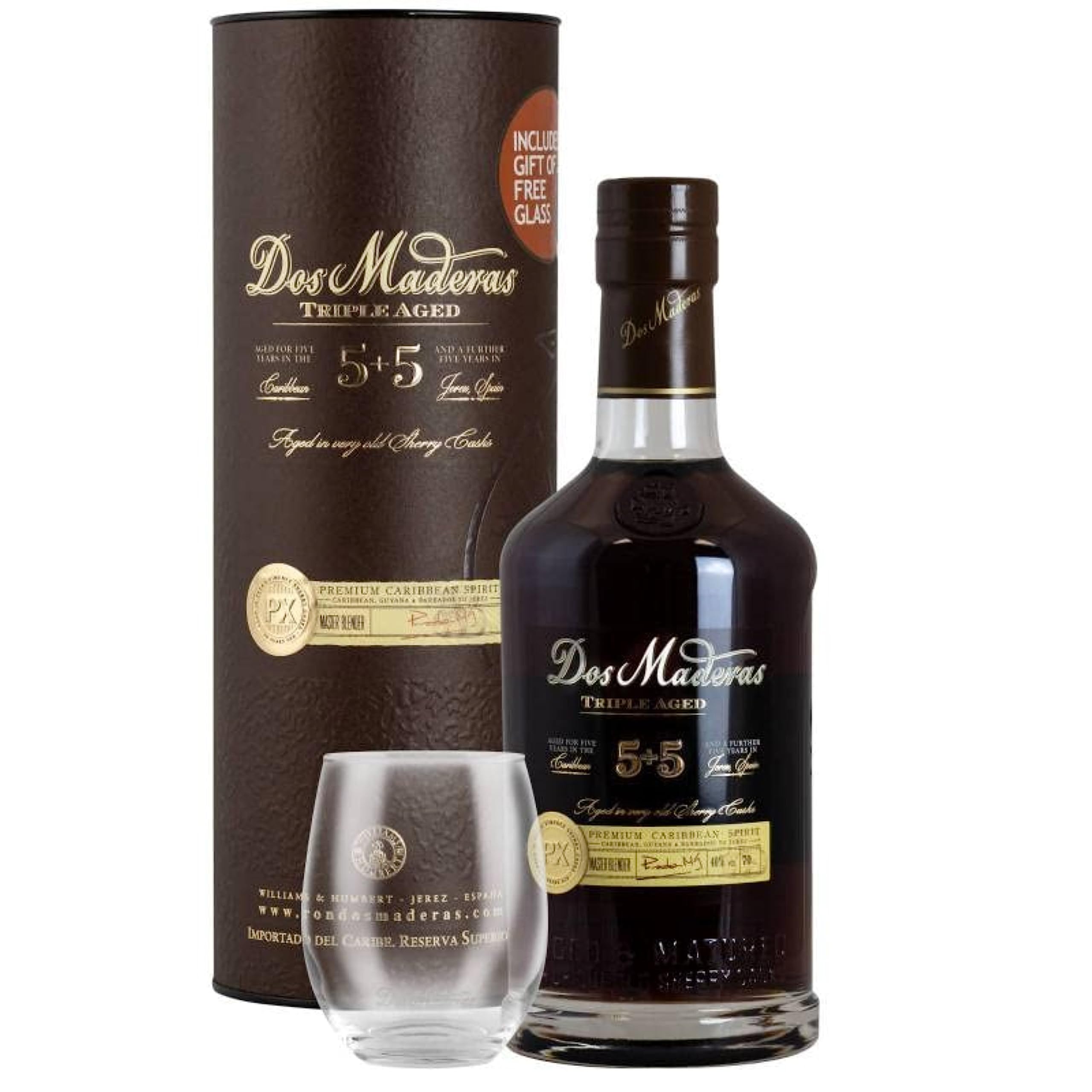 Dos Maderas 5+5 | Geschenkset mit Glas | Exklusiver Alterungsprozess | in ausgewählten Sherry-Fässern gereift | 10 Jahre im Solera-Criadera Verfahren gereift | 700ml | 40% Vol.