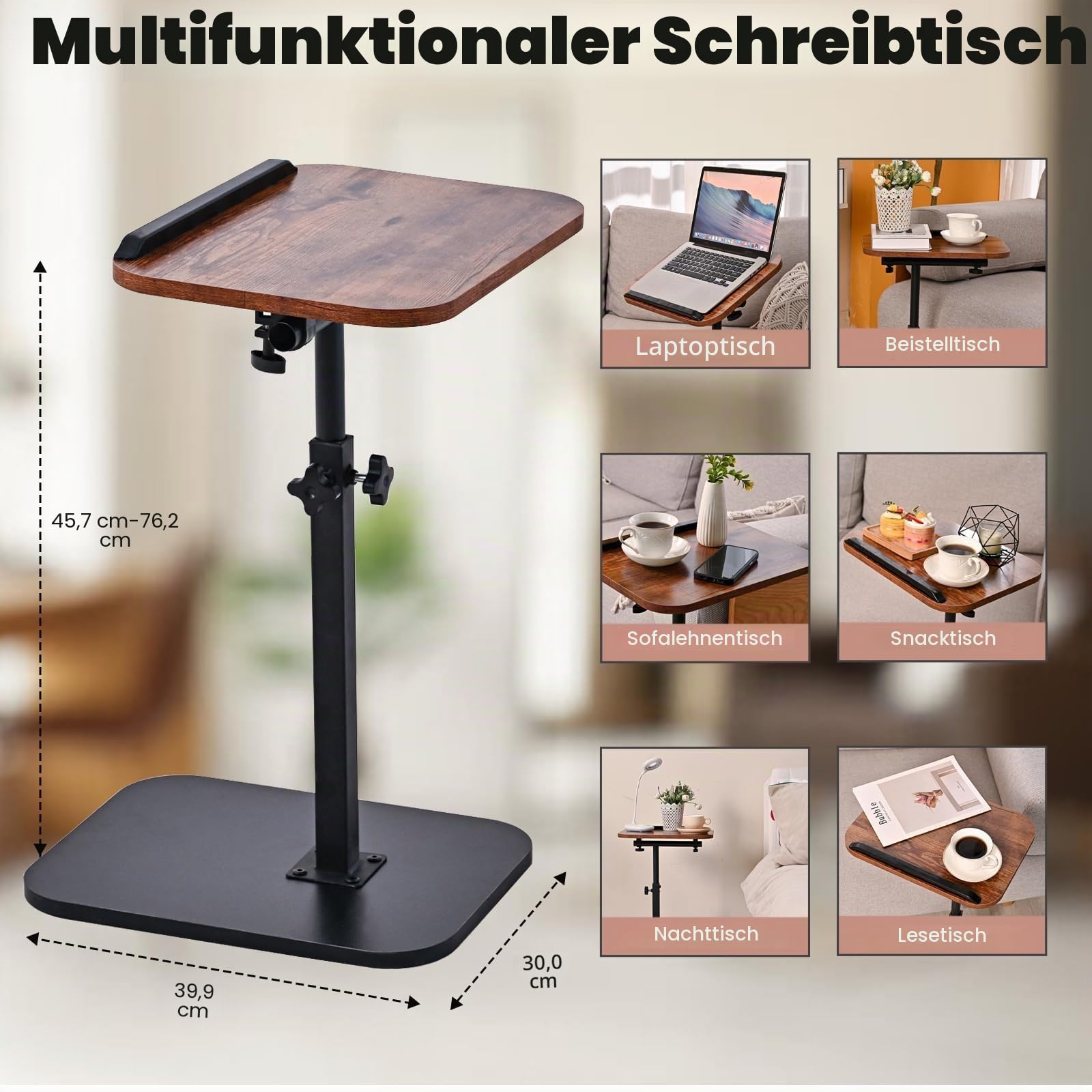 C-Tisch-Beistelltisch höhenverstellbar Laptop-Tisch für Couch, Bett, Leseecke C-förmiger Beistelltisch für Couch 360° drehbarer TV-Tablett Couchtische, die darunter gleiten (Rustic Brown)