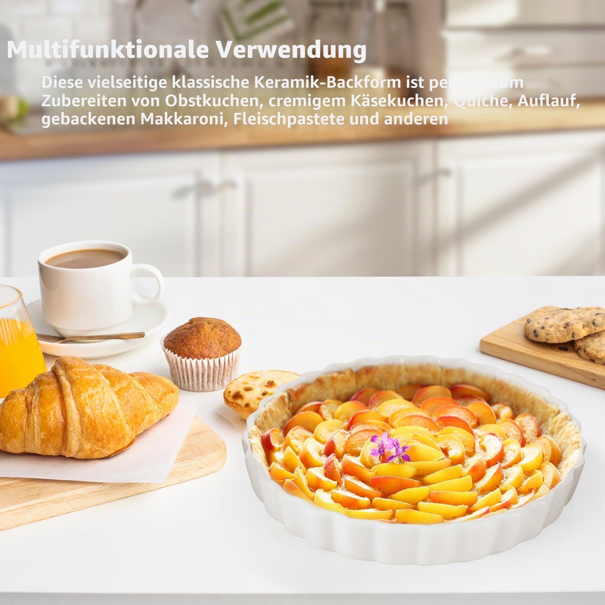 Keramik-Quicheform für den Ofen, 22 cm, Kuchenform zum Backen, antihaftbeschichtet, rund, Quicheform, Weiß