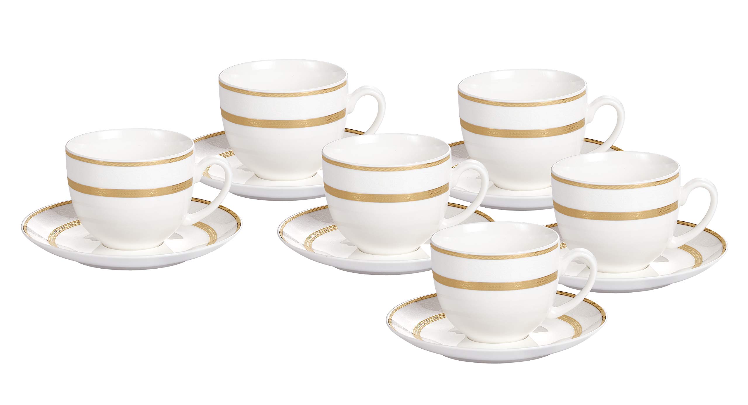 Shallow Bone China Cups and Saucers Set, White/Gold, 220cc, TS-200-LIN-A, 12 Pieces