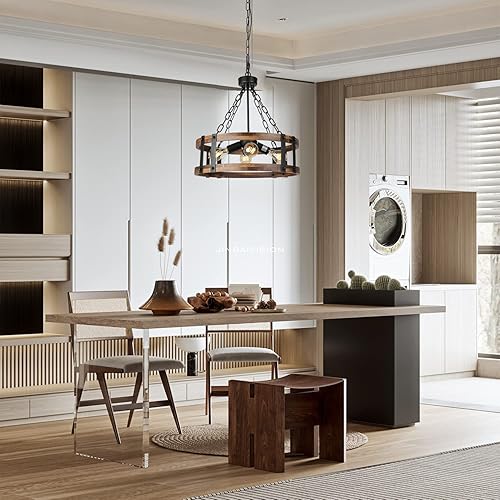 Miniatura 4 de Candelabro de madera rústica de granja, lámpara de tambor industrial de 4 luces para comedor, lámpara colgante vintage con acento de metal negro