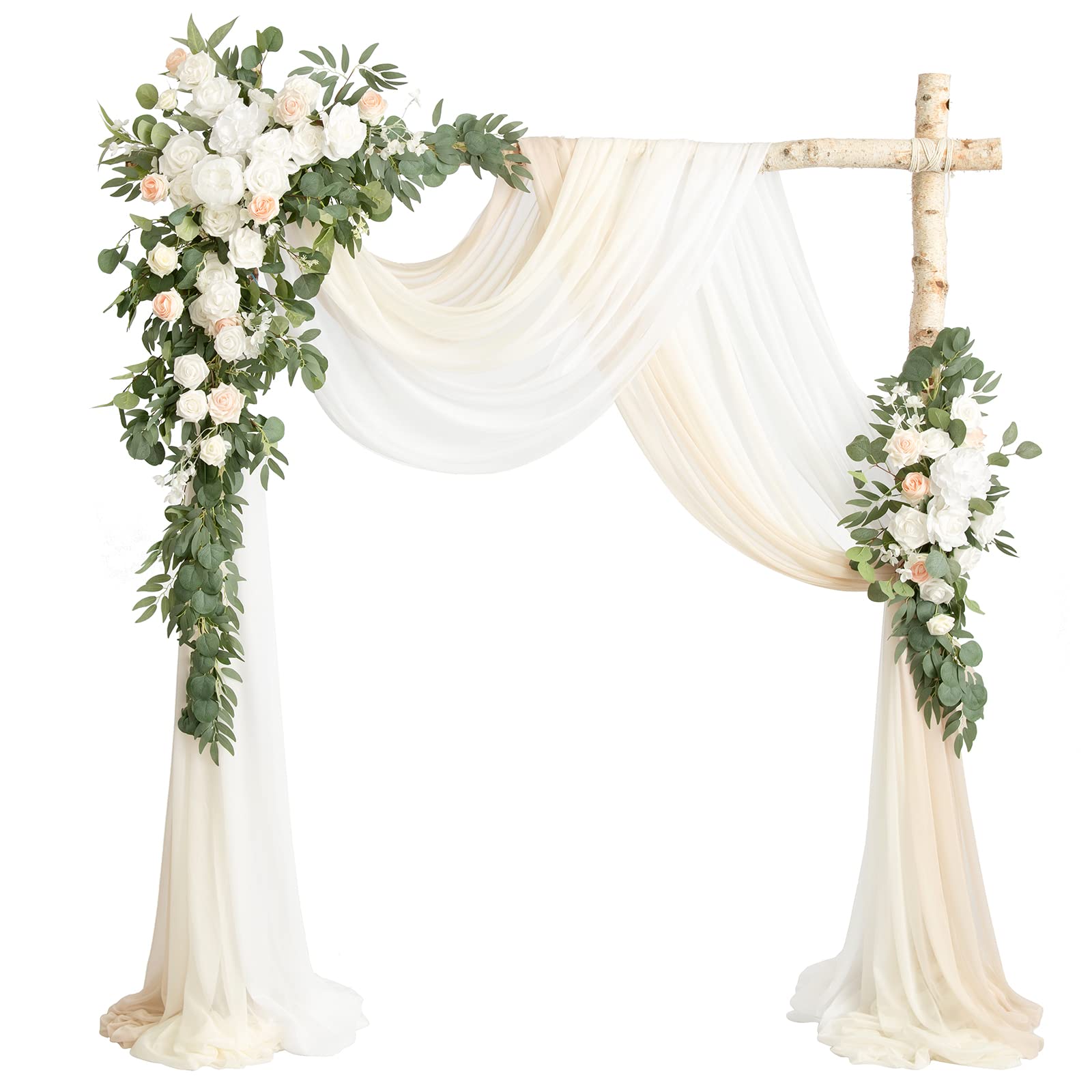 Ling's moment Wedding Arch Flowers Arrangement Set with 3pcs Chiffon Drapes for Ceremony Arbor Floral Decorations - White & Green