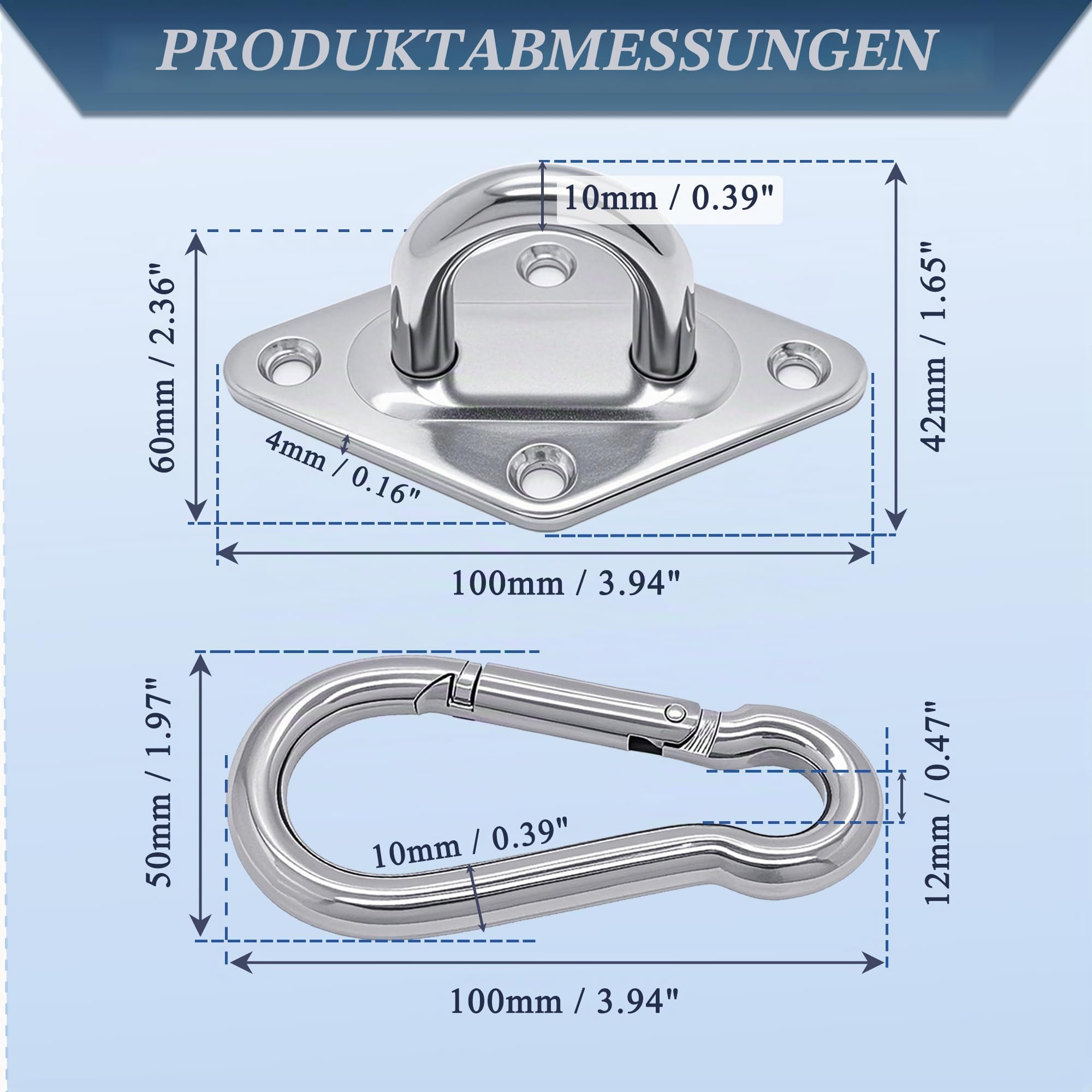 OHIYO 2 Stück Edelstahl Augplatte und Karabiner, Edelstahl Decksplatte Karabinerhaken, strapazierfähige Hängematte zum Aufhängen, 300kg Tragkraft für Schaukeln, Sonnensegel