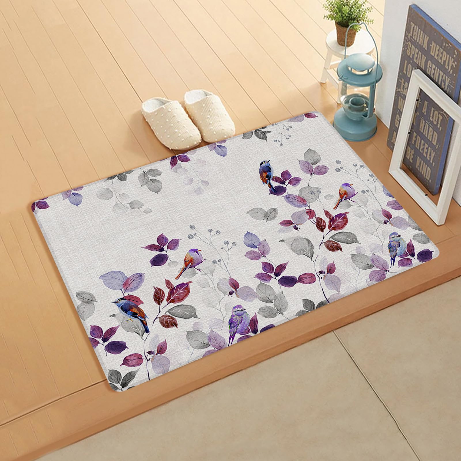 Eucalyptus Birds Kitchen Bath Door Mat Cushioned Runner Rug,Washable Welcome Floor Sink Antifatigue Mat,Waterproof & Non-Slip Comfort Standing Doormat,Farmhouse Gradual Purple Grey Leaves 18