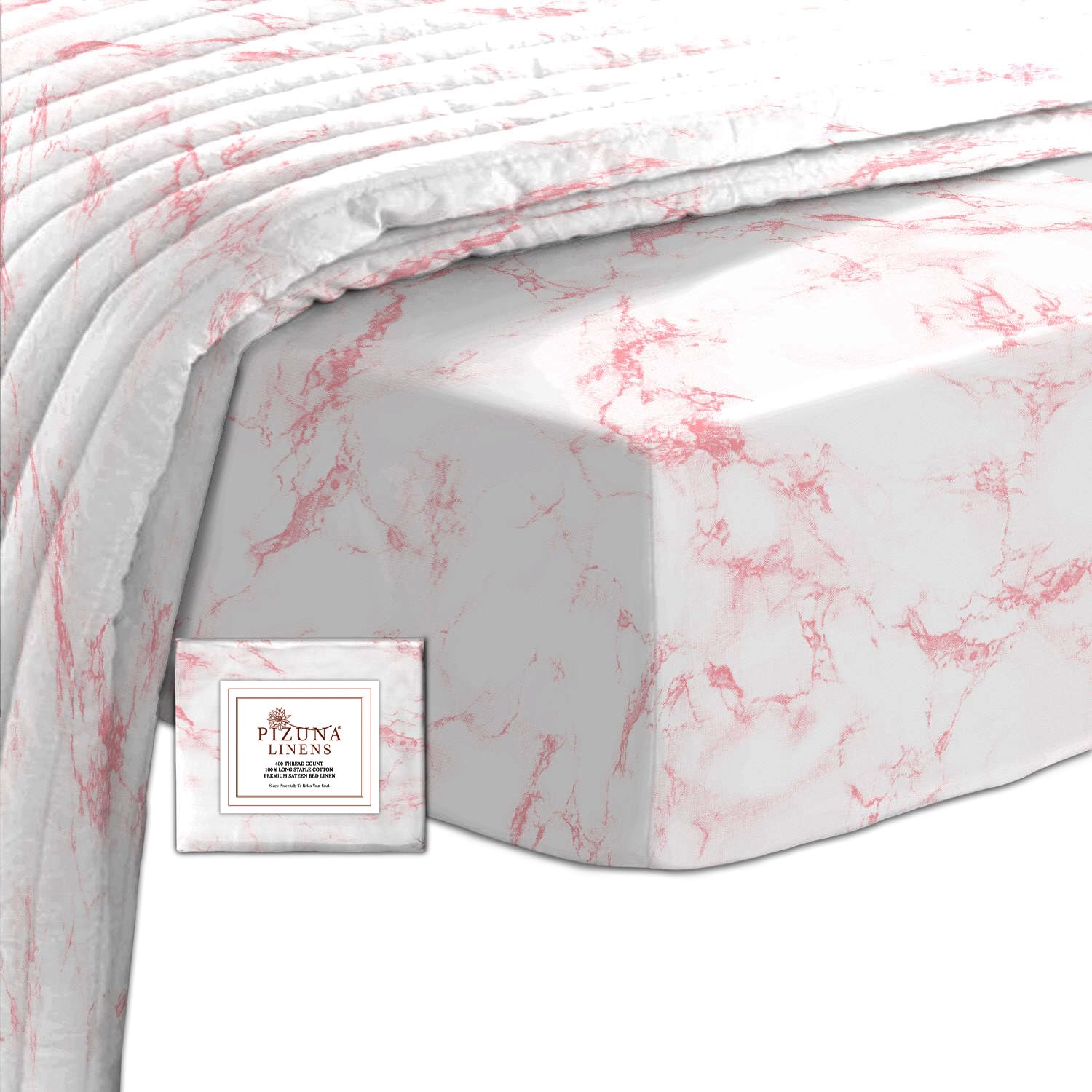 Pizuna Carrara Marble Pink 100% Cotton Printed Emperor Fitted Sheet 200X200, 400 Thread Count Long Staple Cotton Sateen 40 Cm Deep Pocket